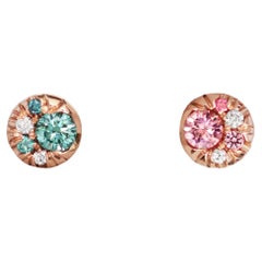 Rose Gold Asymmetrical 5 mm Diamond Padparadscha Sapphire Spinel Stud Earrings