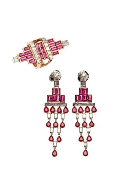 Rose Gold Baguette Diamond, Baguette Ruby and Pear Shaped Ruby Art Deco Earrings