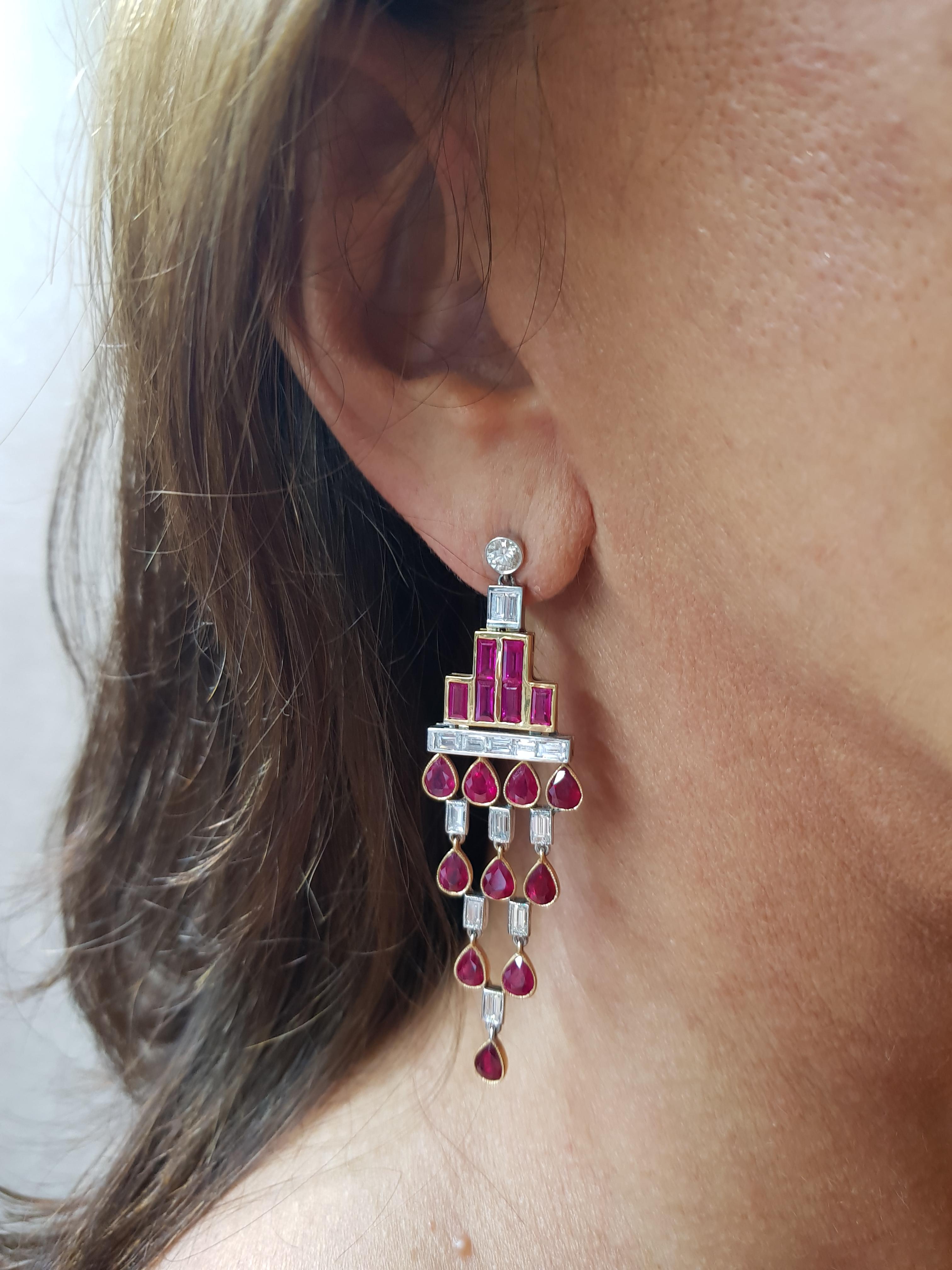 Baguette Cut Rose Gold Baguette Diamond, Baguette Ruby and Pear Shaped Ruby Art Deco Earrings For Sale