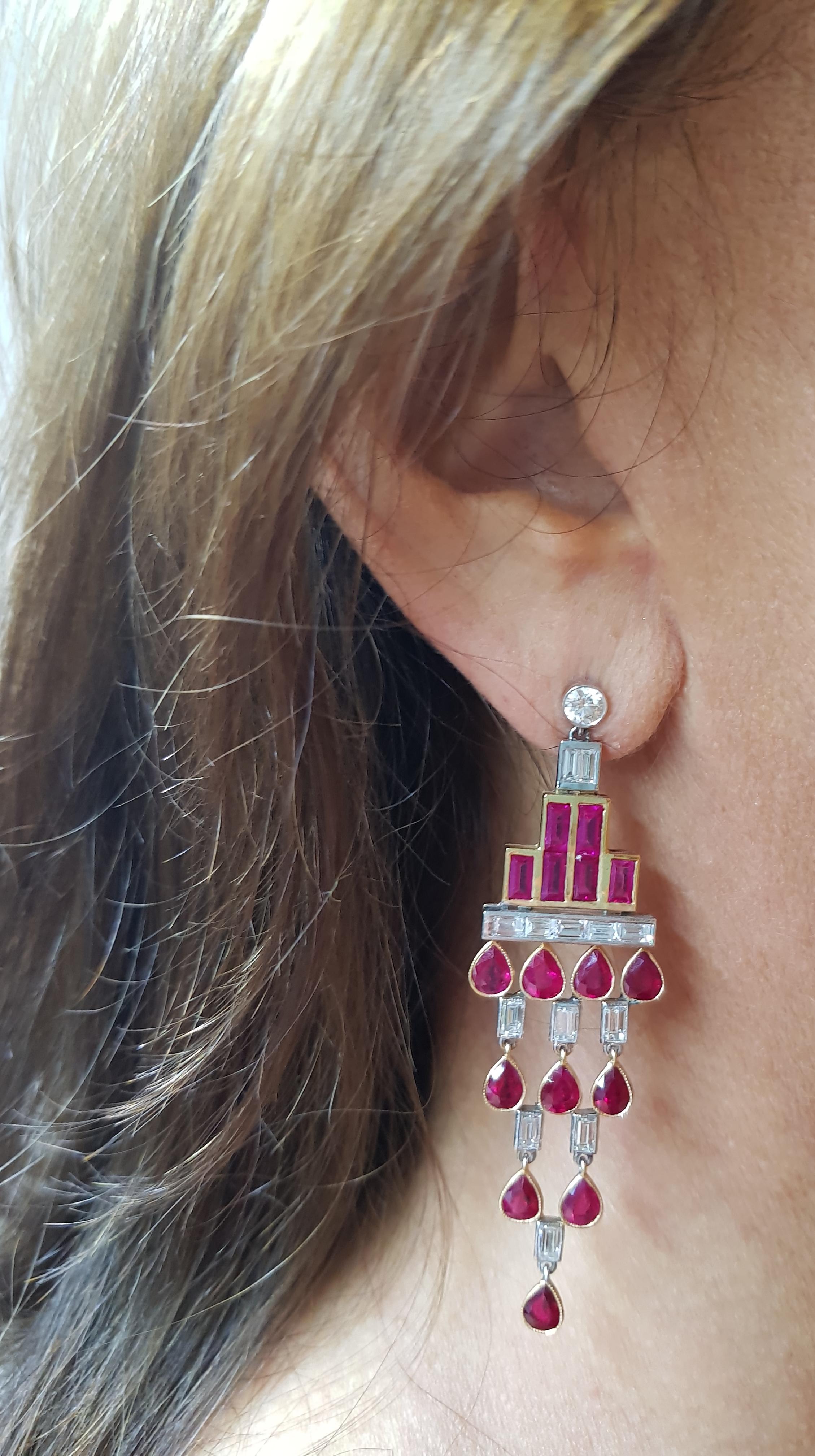 Rose Gold Baguette Diamond, Baguette Ruby and Pear Shaped Ruby Art Deco Earrings In New Condition For Sale In Findikli, Beyoglu