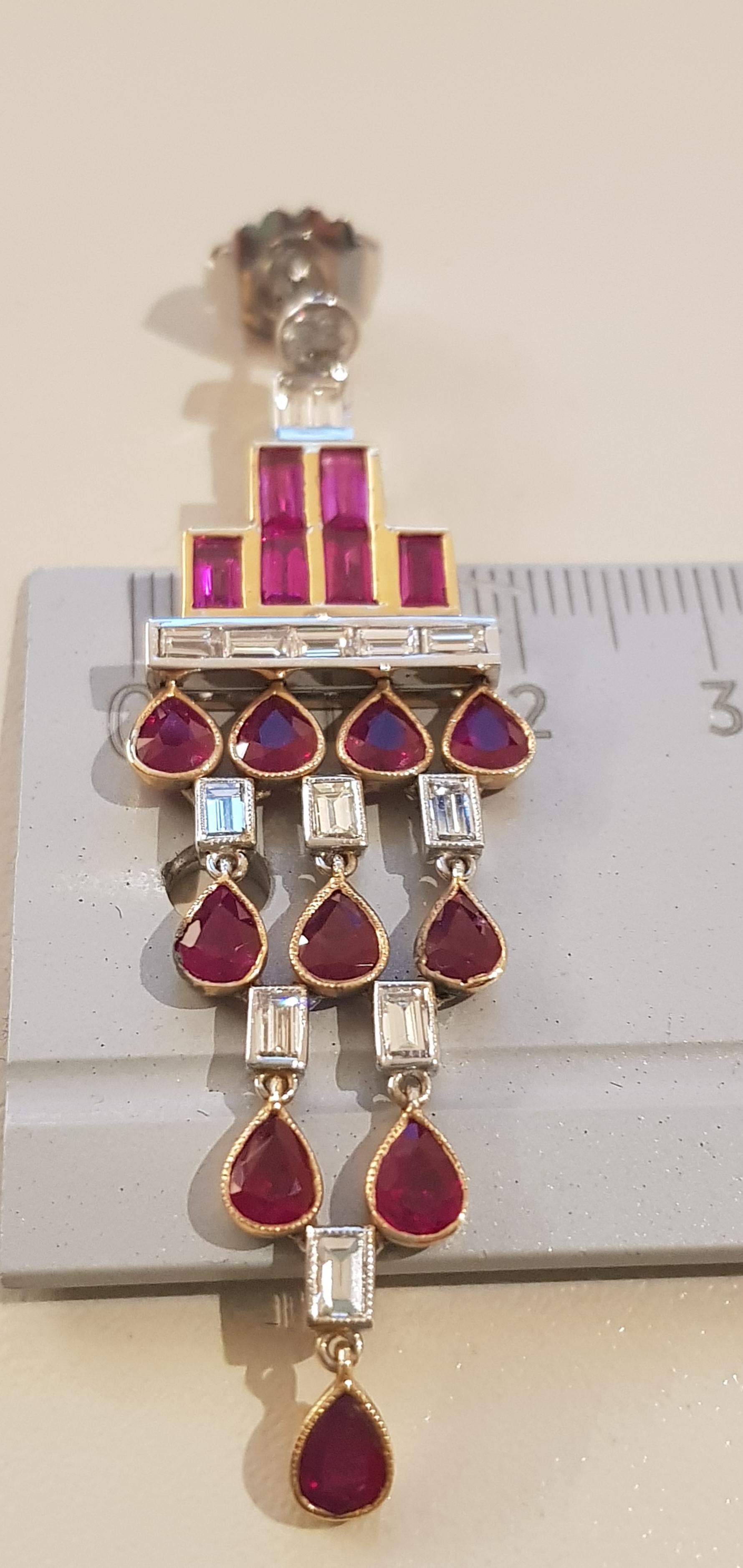 Rose Gold Baguette Diamond, Baguette Ruby and Pear Shaped Ruby Art Deco Earrings For Sale 2