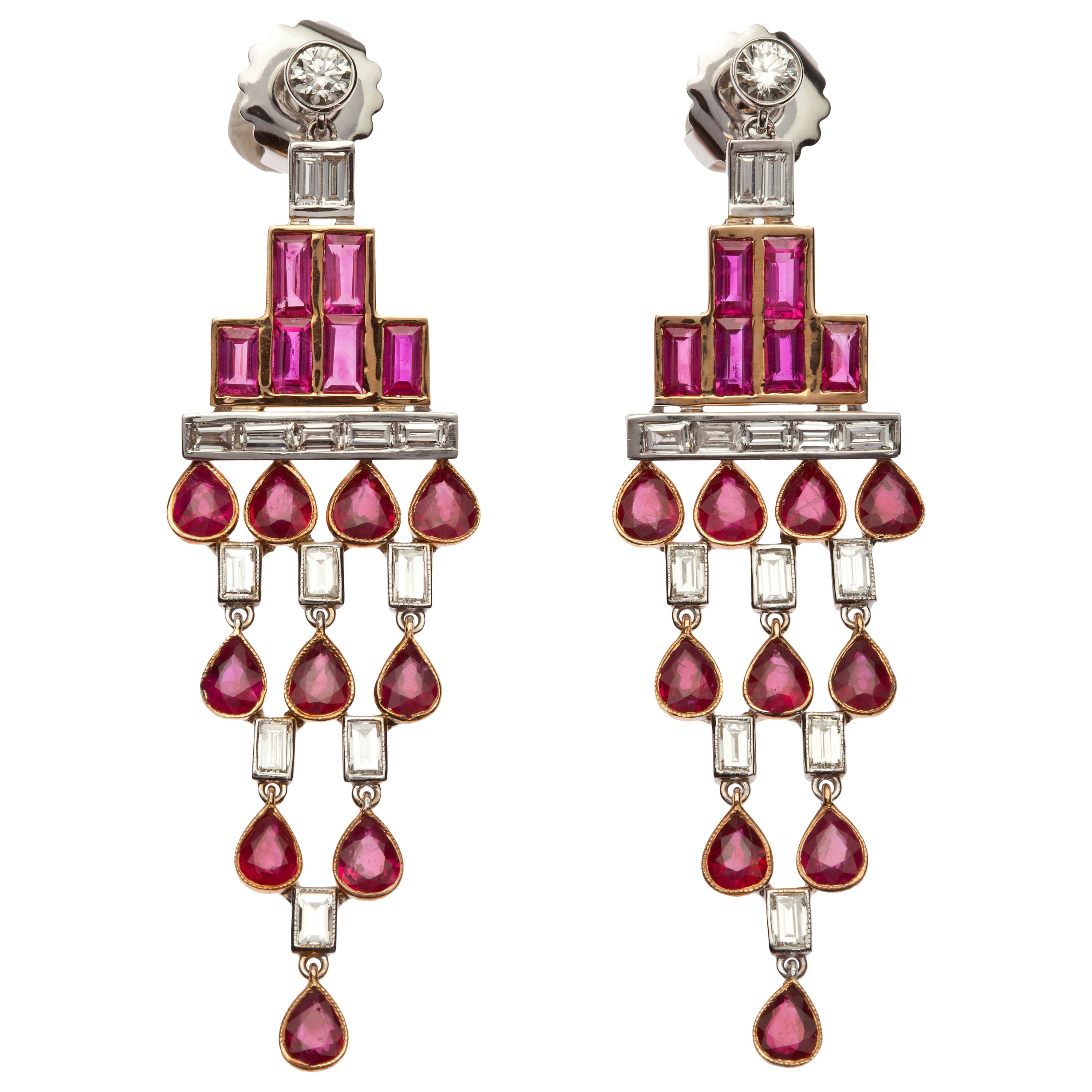 Rose Gold Baguette Diamond, Baguette Ruby and Pear Shaped Ruby Art Deco Earrings For Sale