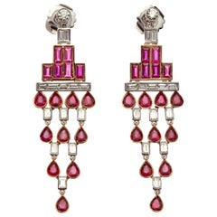 Rose Gold Baguette Diamond, Baguette Ruby and Pear Shaped Ruby Art Deco Earrings