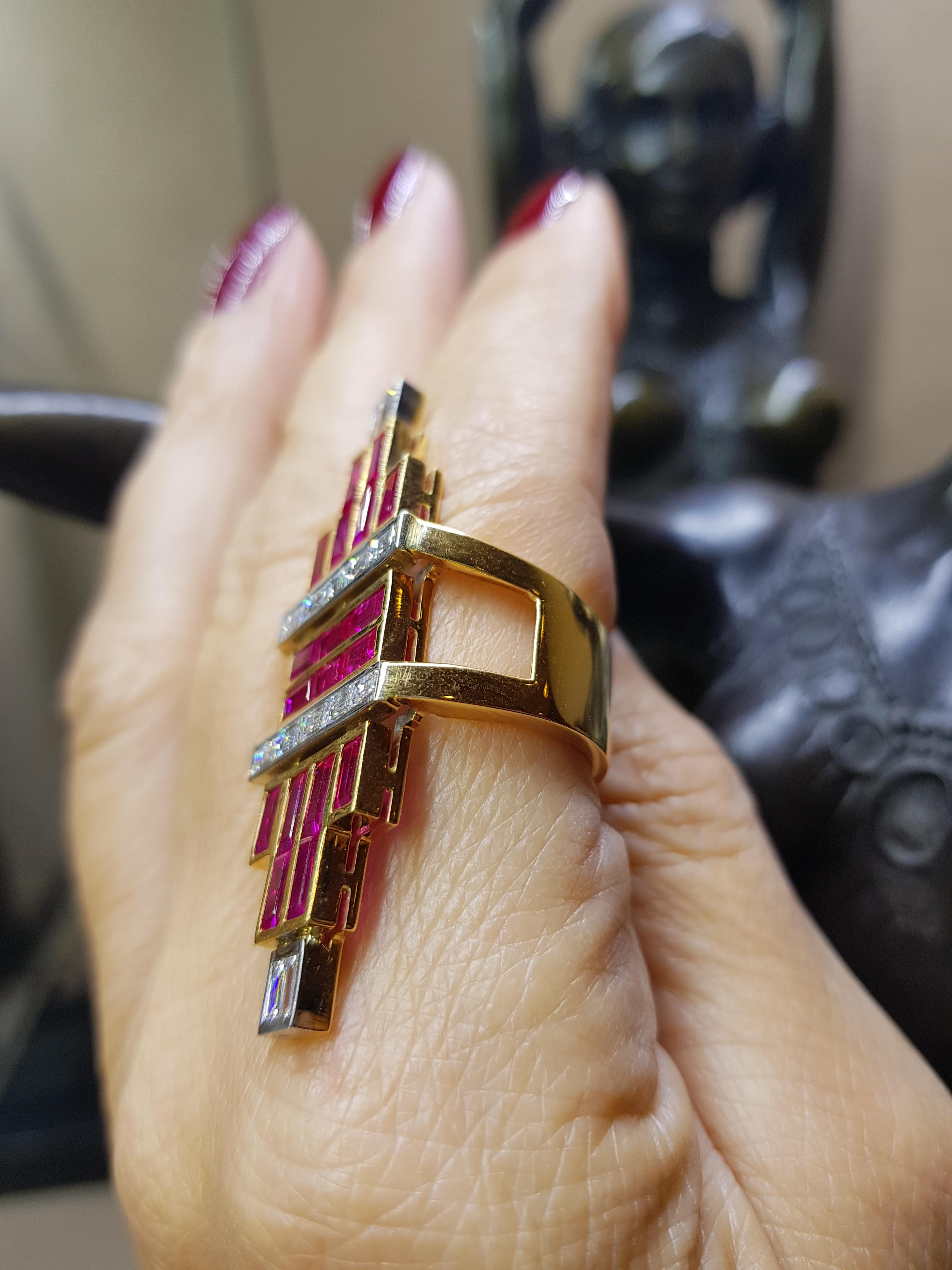 Rose Gold Baguette Diamond, Baguette Ruby Art Deco Ring For Sale 4