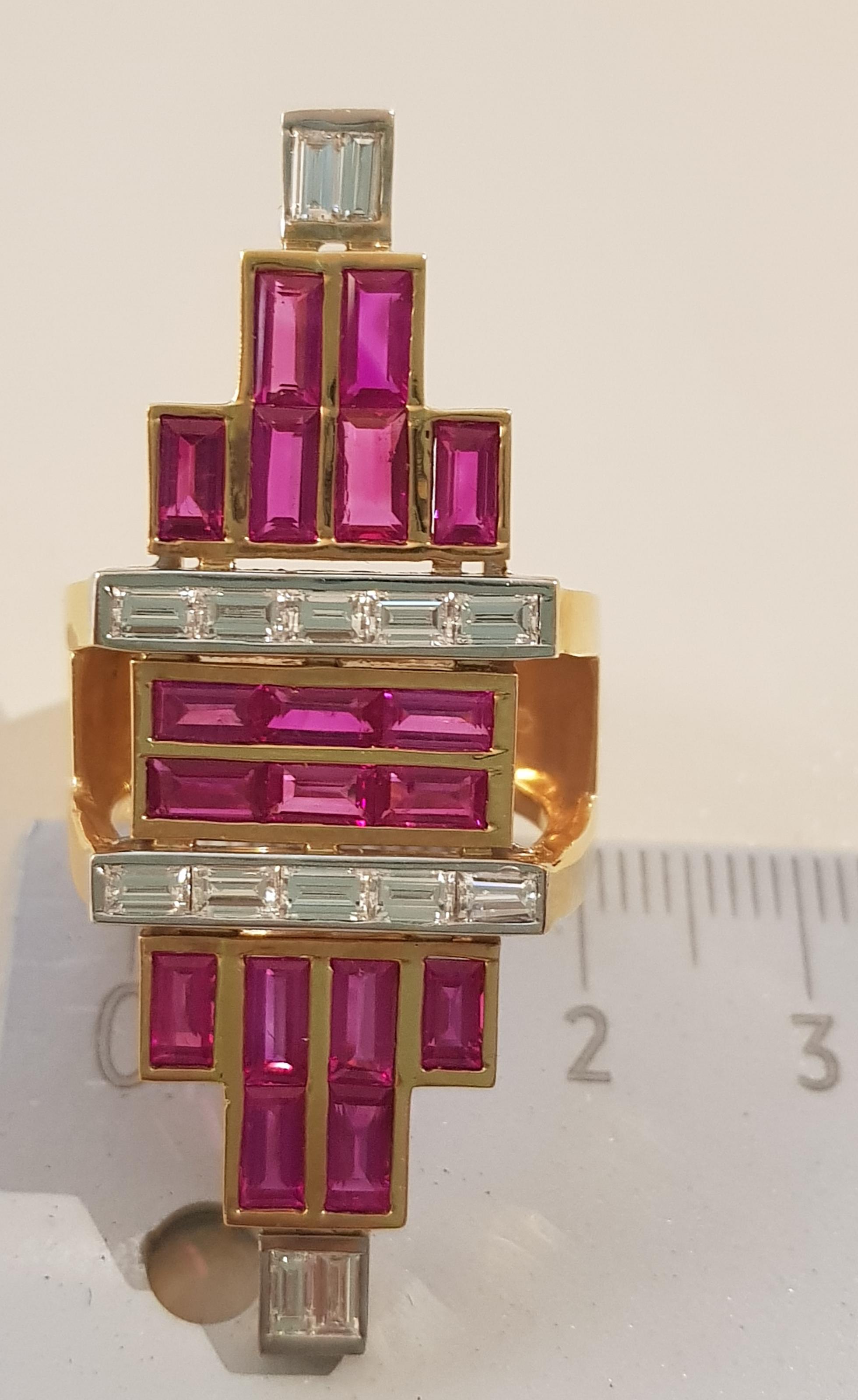 Rose Gold Baguette Diamond, Baguette Ruby Art Deco Ring For Sale 5