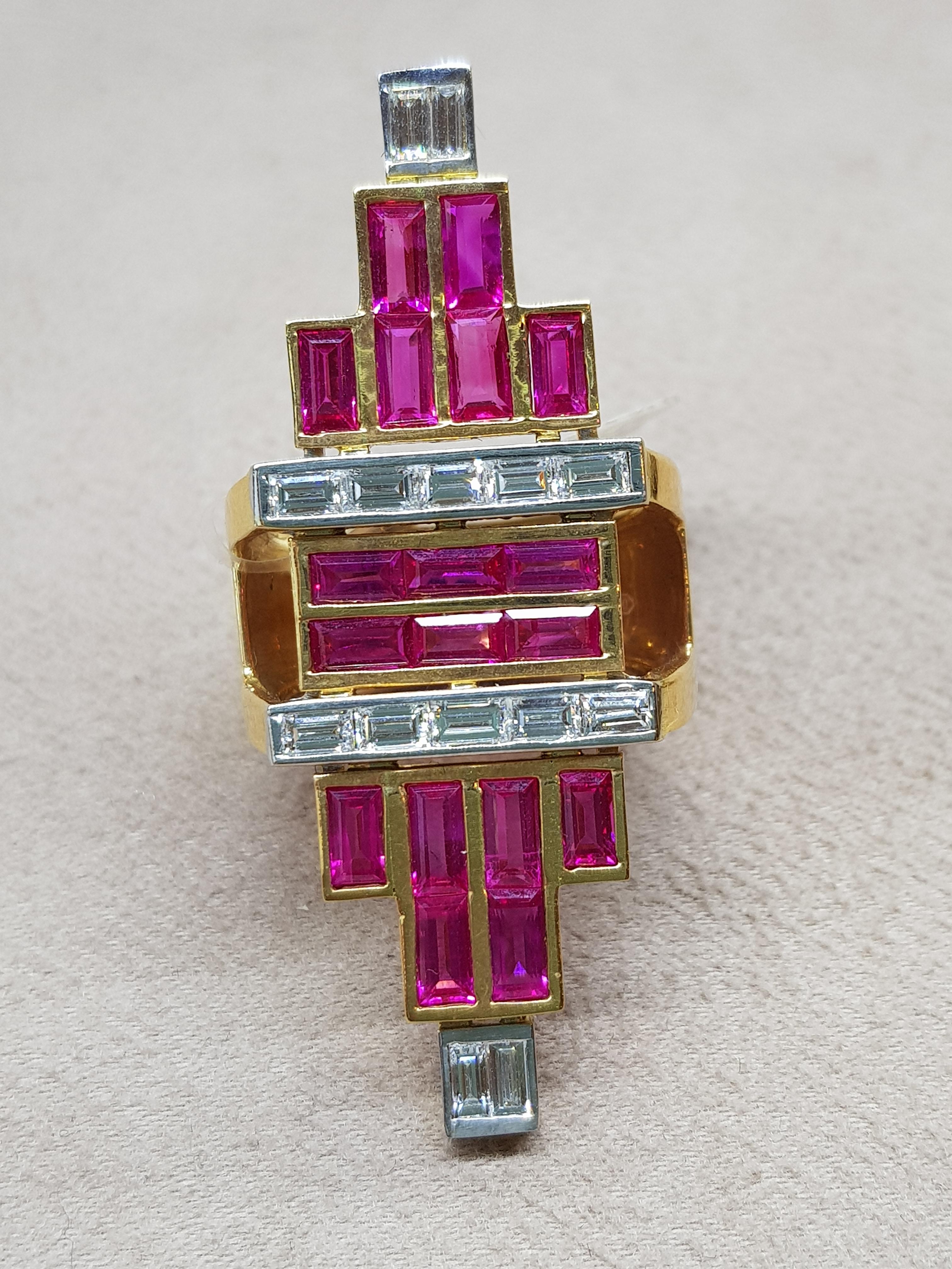 Contemporary Rose Gold Baguette Diamond, Baguette Ruby Art Deco Ring For Sale