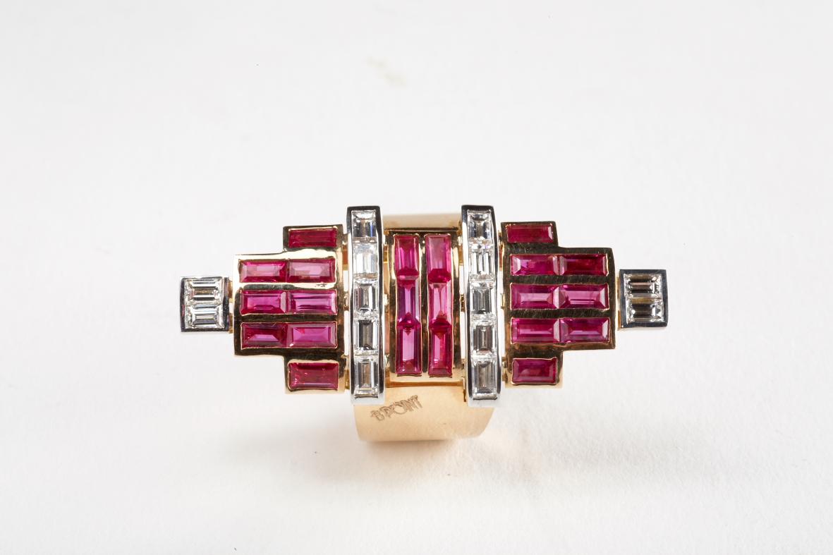 Baguette Cut Rose Gold Baguette Diamond, Baguette Ruby Art Deco Ring For Sale