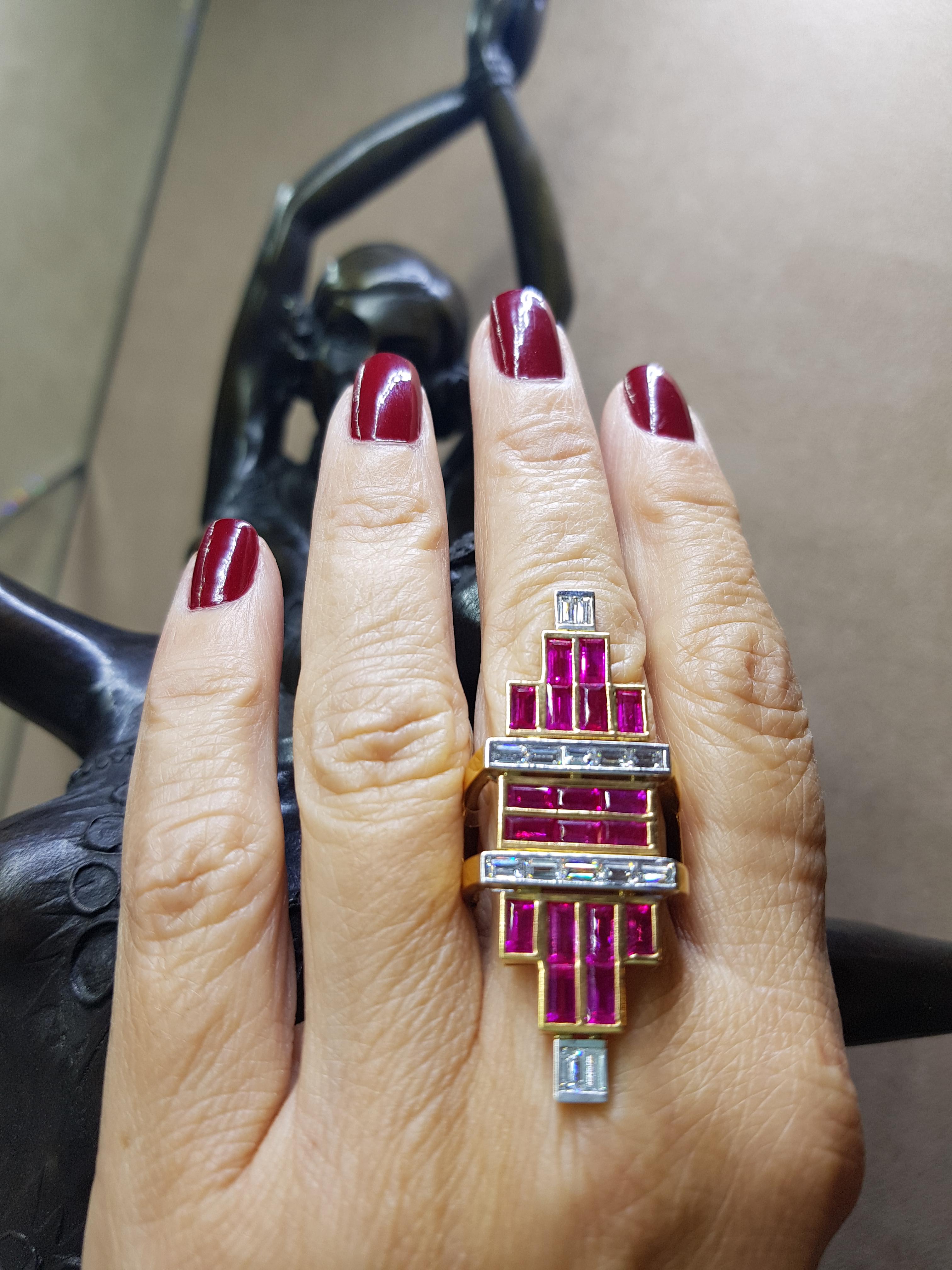 Rose Gold Baguette Diamond, Baguette Ruby Art Deco Ring For Sale 2