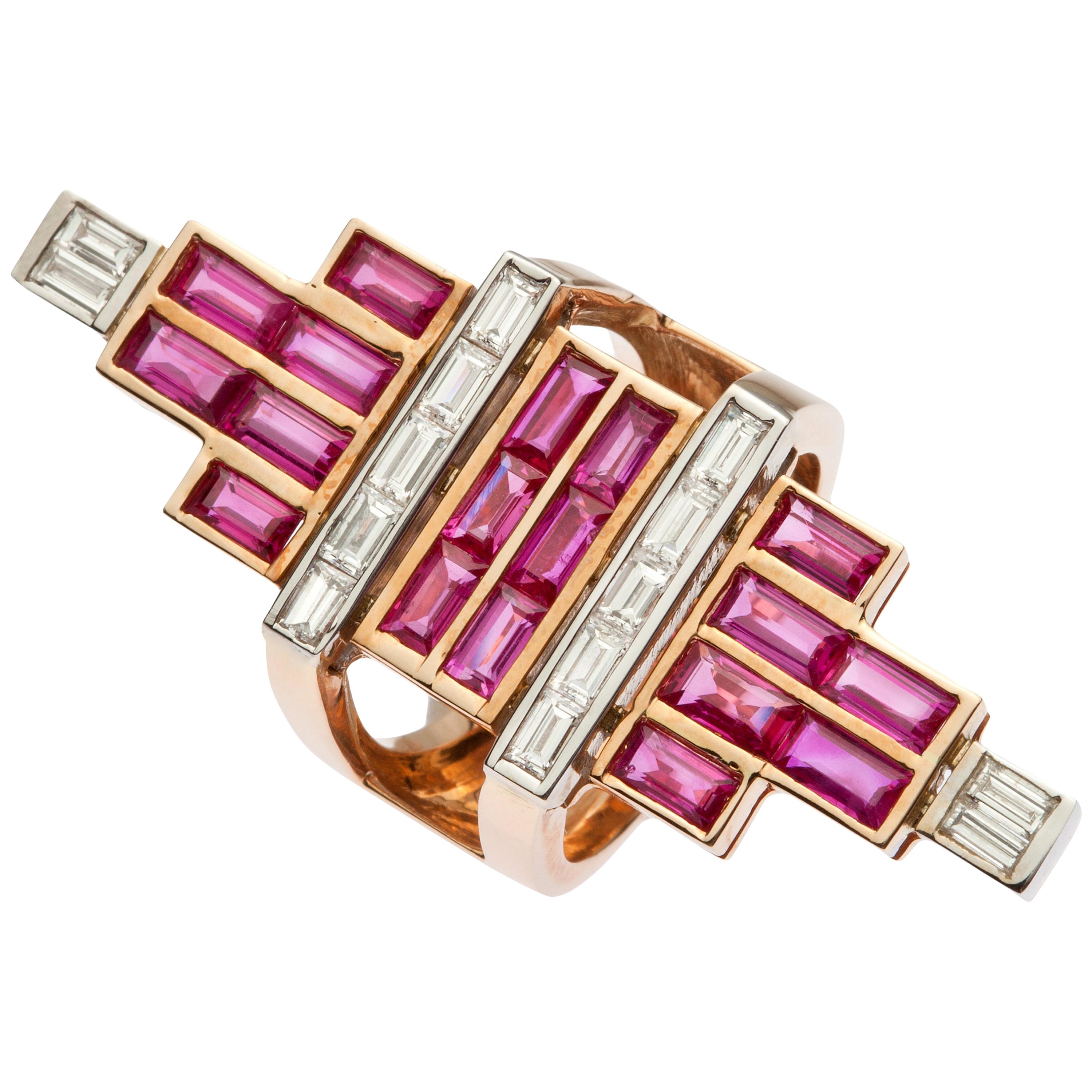 Rose Gold Baguette Diamond, Baguette Ruby Art Deco Ring For Sale