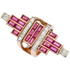 Rose Gold Baguette Diamond, Baguette Ruby Art Deco Ring