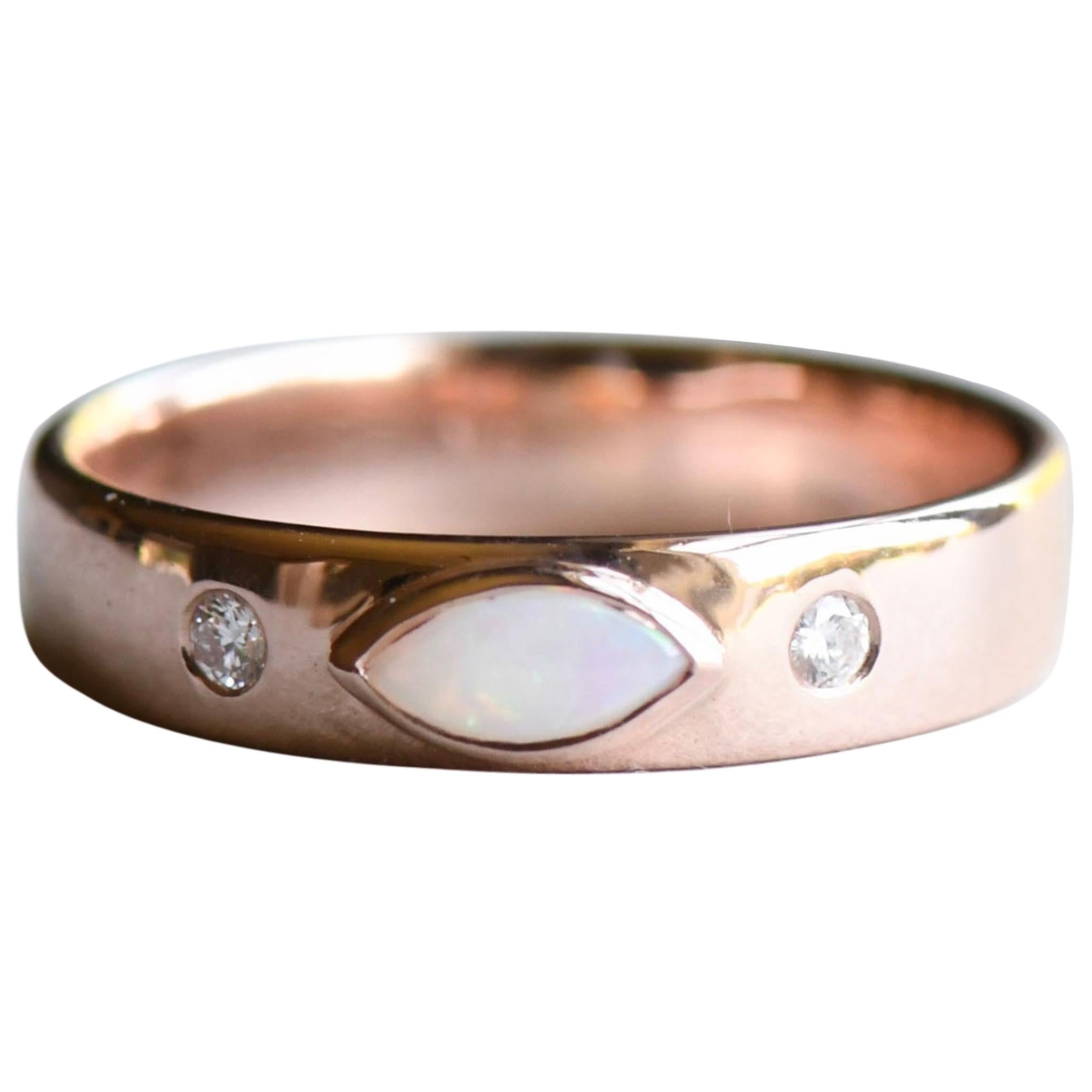 Rose Gold Band With Marquise Opal and Diamond For Sale