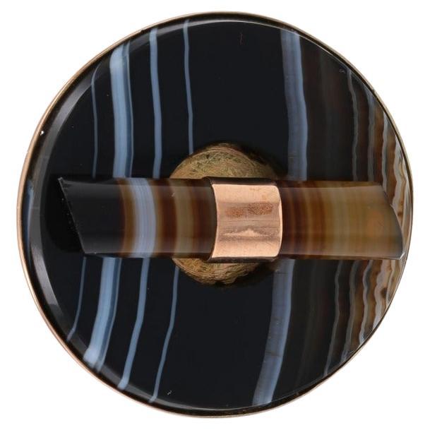 Rose Gold Banded Agate Victorian Circle Brooch - 10k Antique Disc Pin