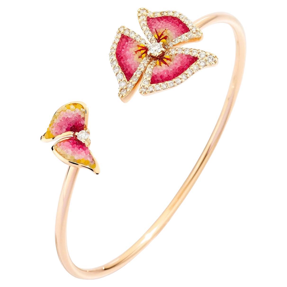 Rose Gold Bangle with Hand Decorated Micromosaic and White Diamonds