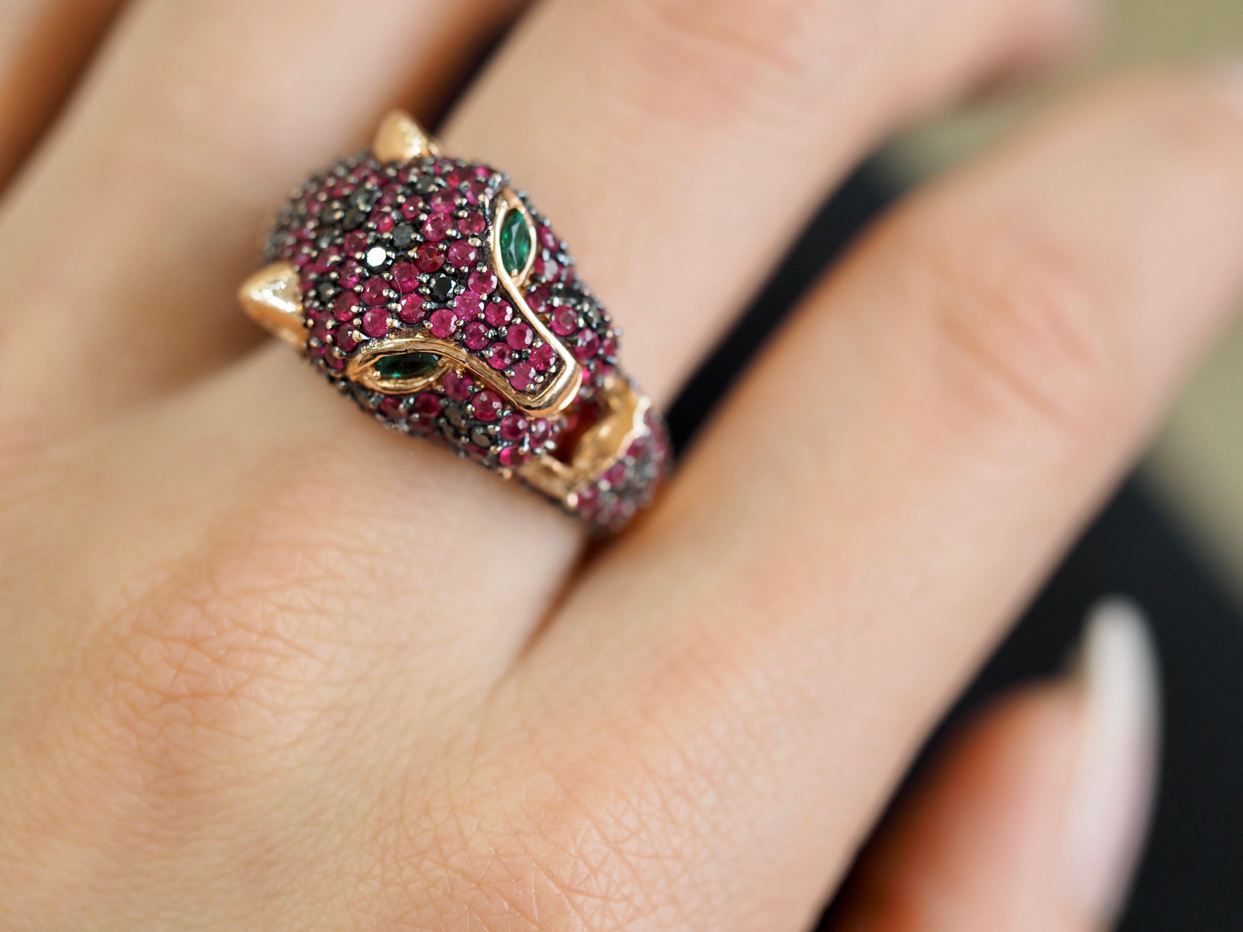 Modern Rose Gold Black Diamond, Ruby and Emerald Panther Ring
