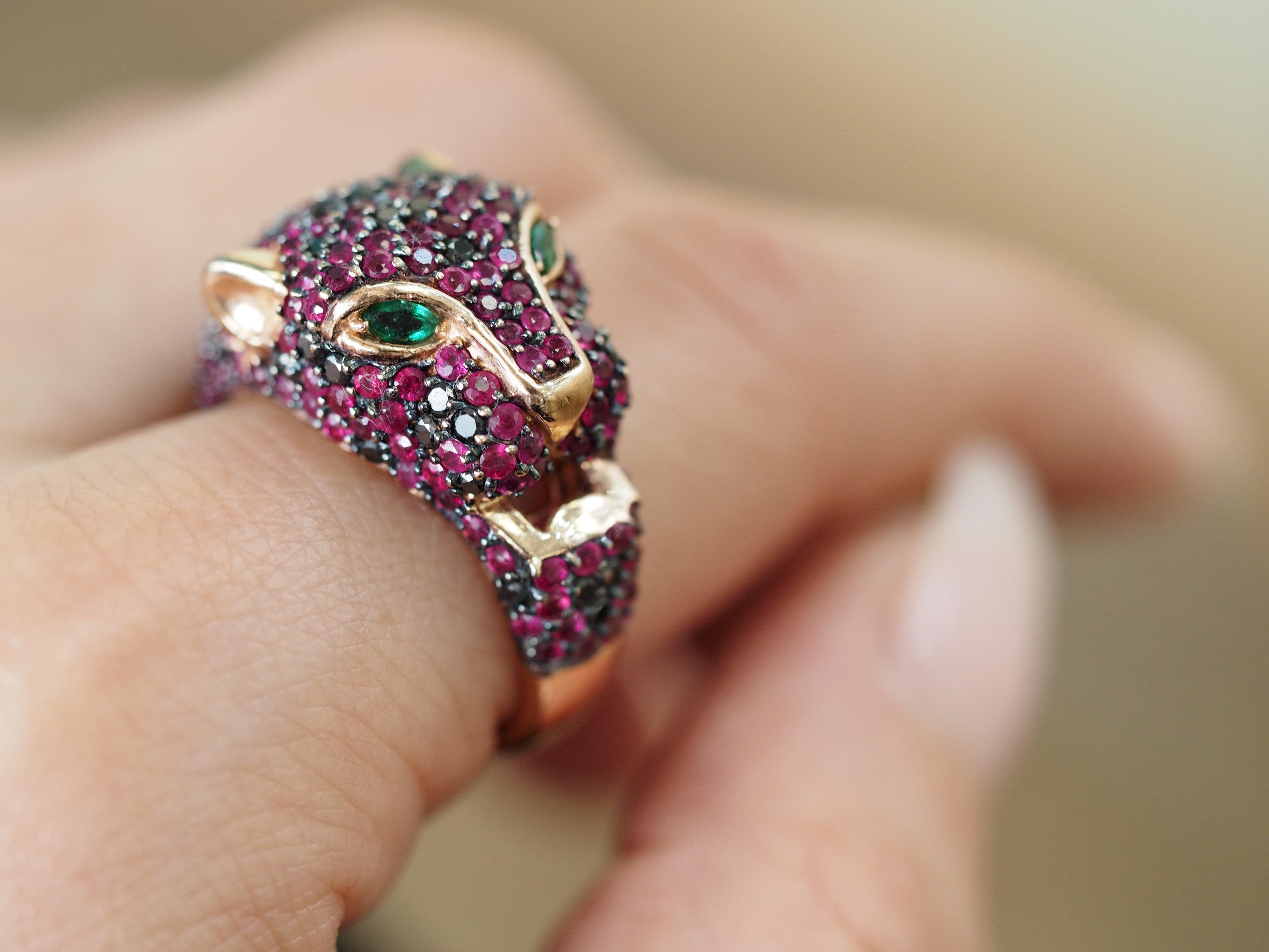 Rose Gold Black Diamond, Ruby and Emerald Panther Ring In Excellent Condition In Addison, TX