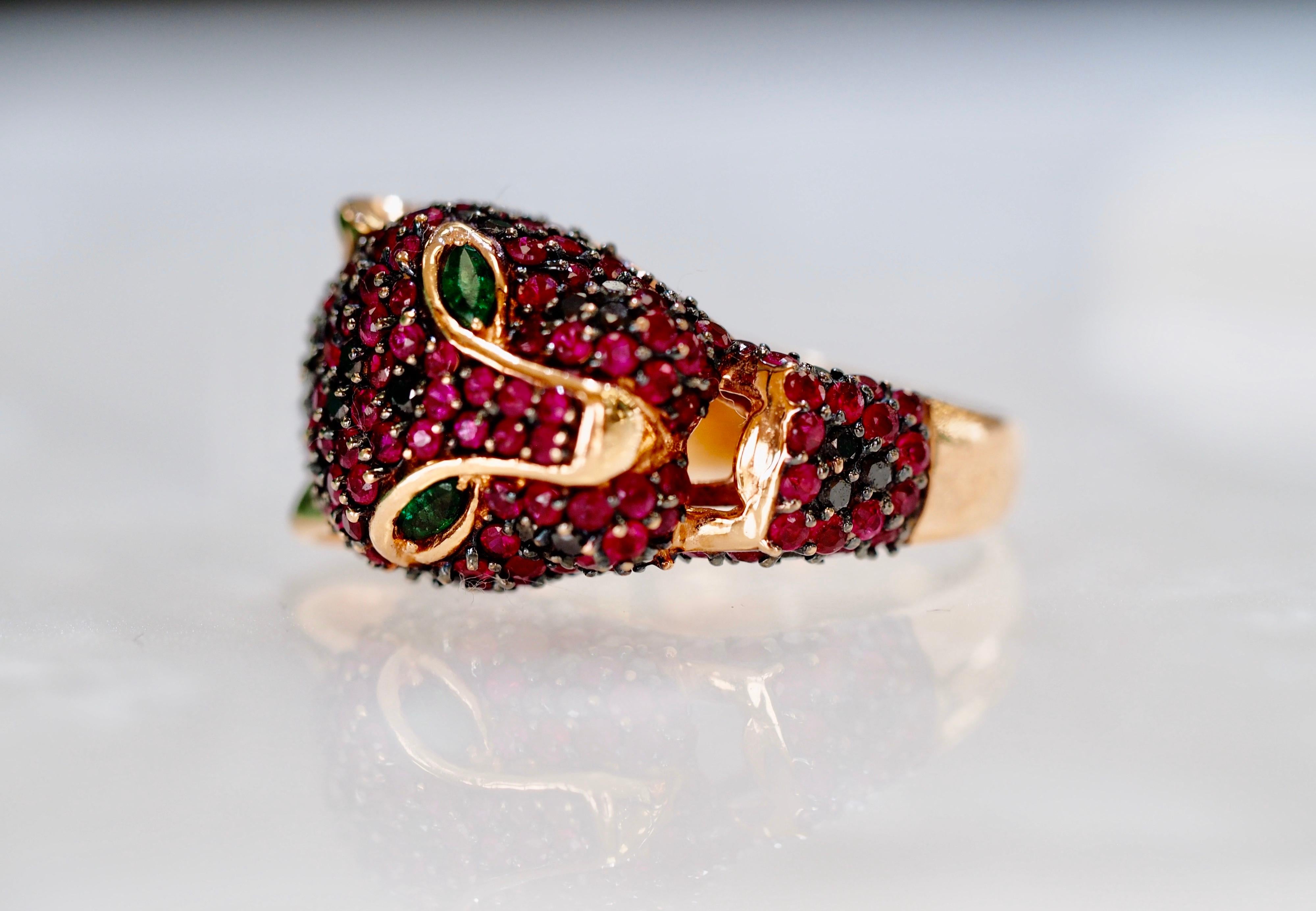 Women's or Men's Rose Gold Black Diamond, Ruby and Emerald Panther Ring