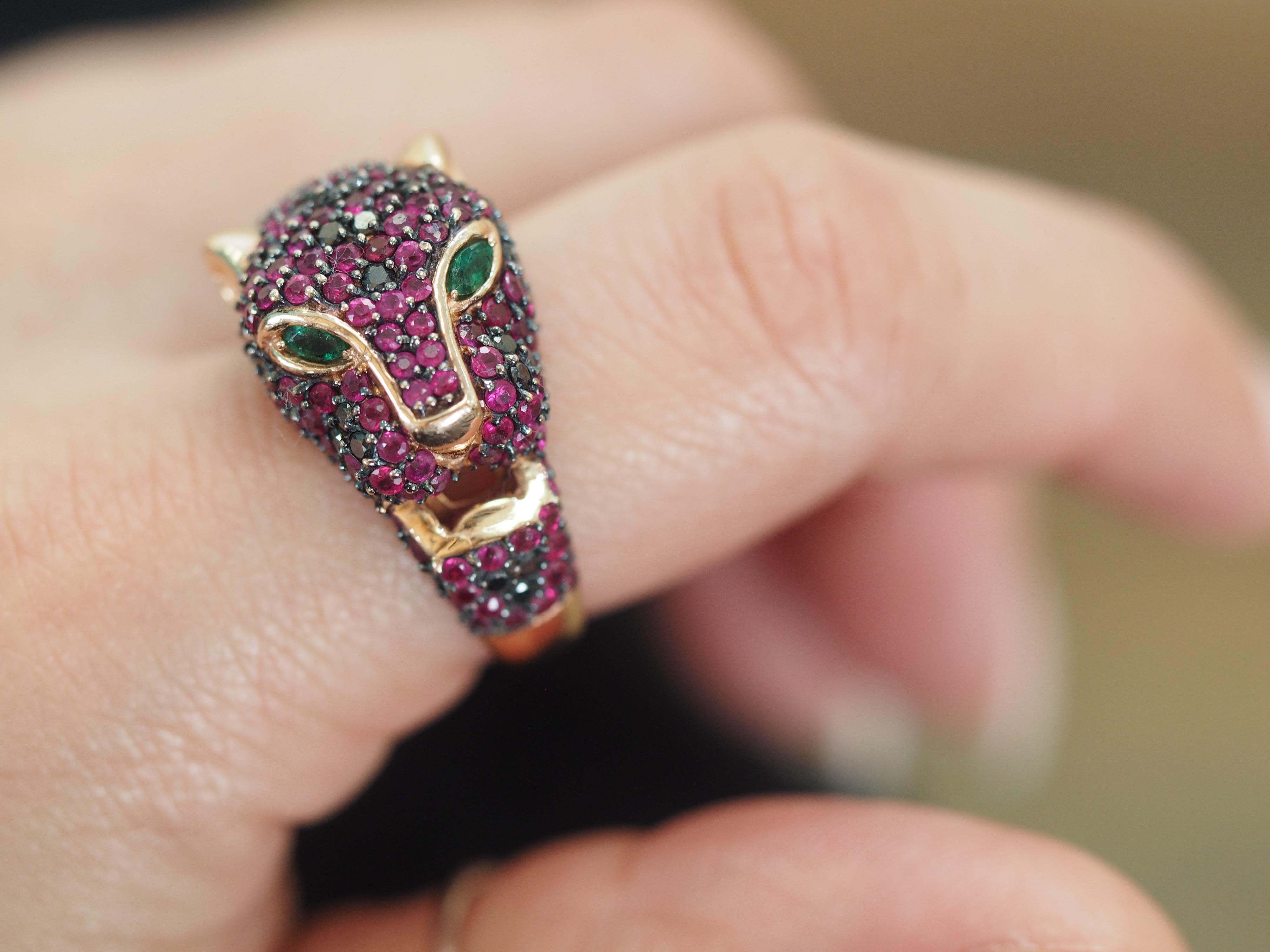 Rose Gold Black Diamond, Ruby and Emerald Panther Ring 1