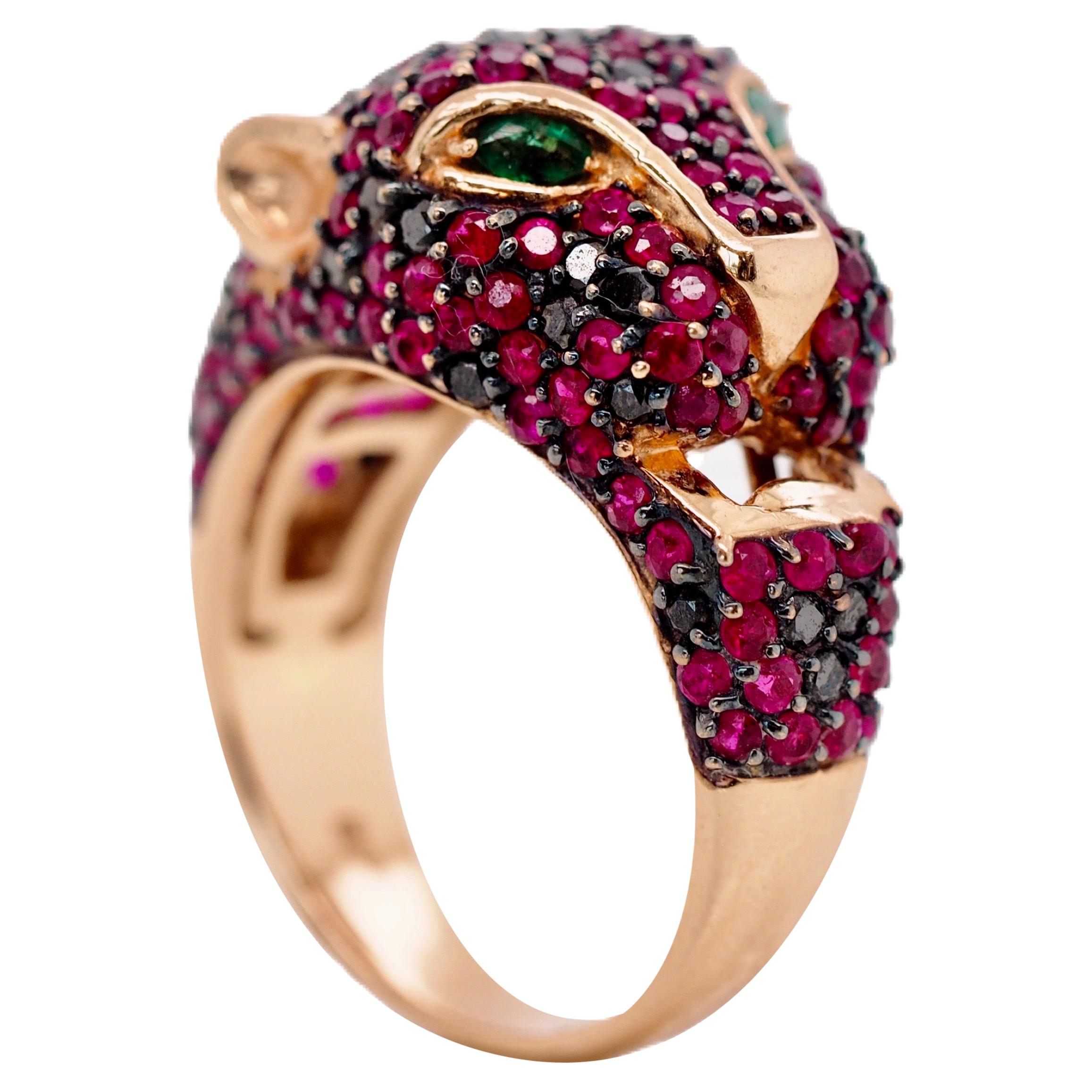 Rose Gold Black Diamond, Ruby and Emerald Panther Ring