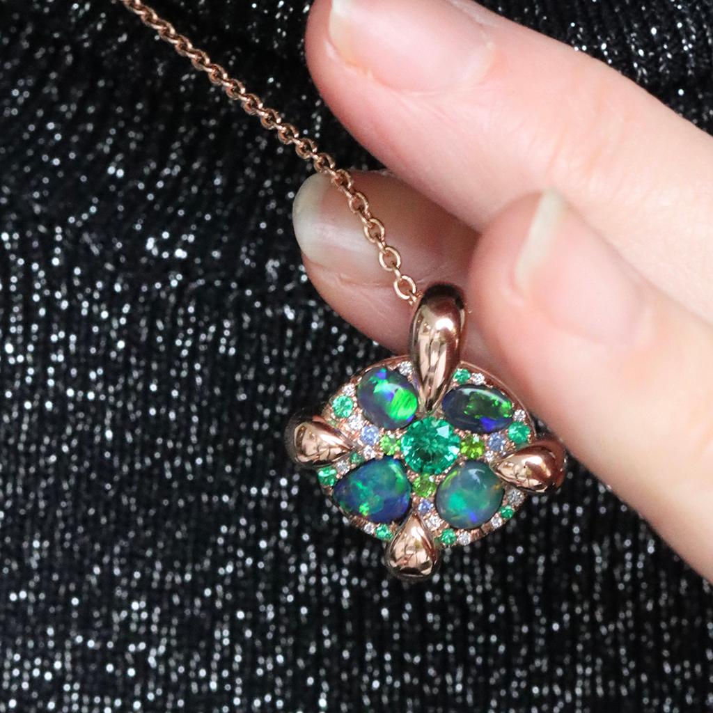 Rose Gold Black Opal Emerald Sapphire Demantoid Diamond Pave Pendant  For Sale 6