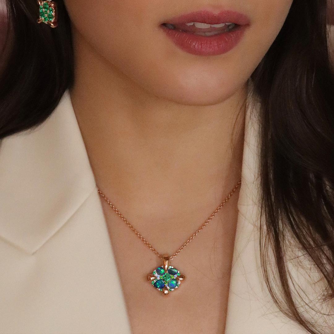 Rose Gold Black Opal Emerald Sapphire Demantoid Diamond Pave Pendant  For Sale 5