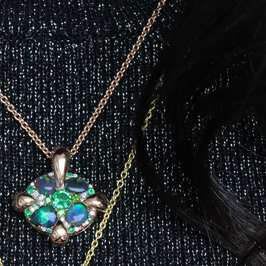 Rose Gold Black Opal Emerald Sapphire Demantoid Diamond Pave Pendant  For Sale 9