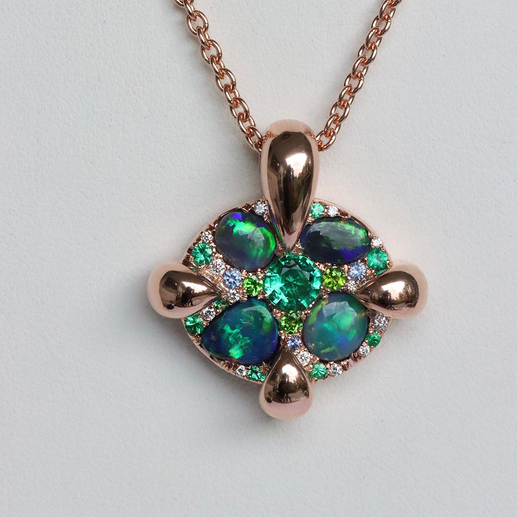 Cabochon Rose Gold Black Opal Emerald Sapphire Demantoid Diamond Pave Pendant  For Sale