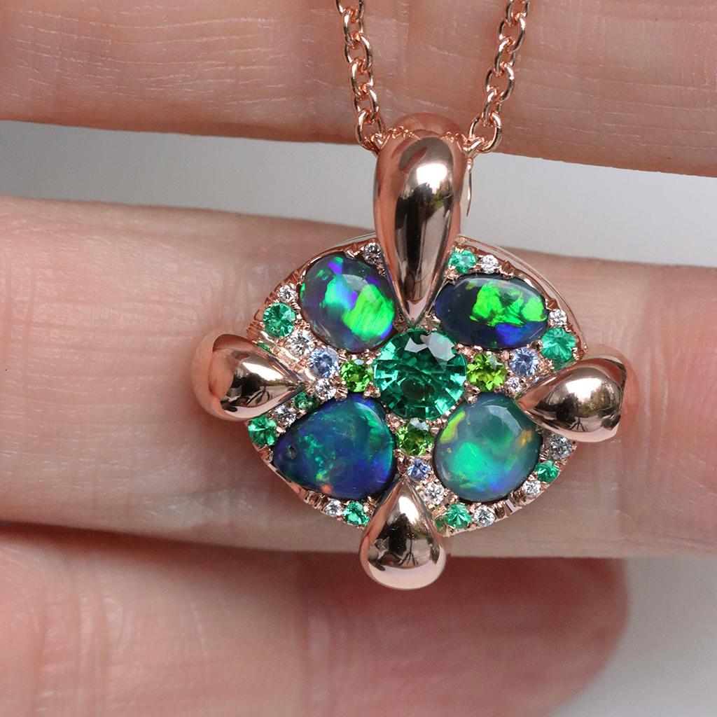 Women's Rose Gold Black Opal Emerald Sapphire Demantoid Diamond Pave Pendant  For Sale