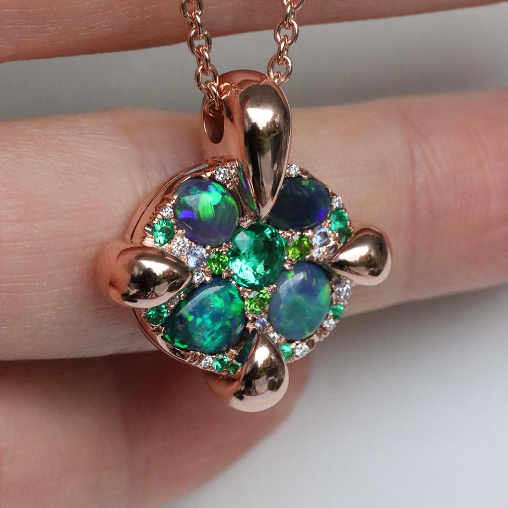 Rose Gold Black Opal Emerald Sapphire Demantoid Diamond Pave Pendant  For Sale 1