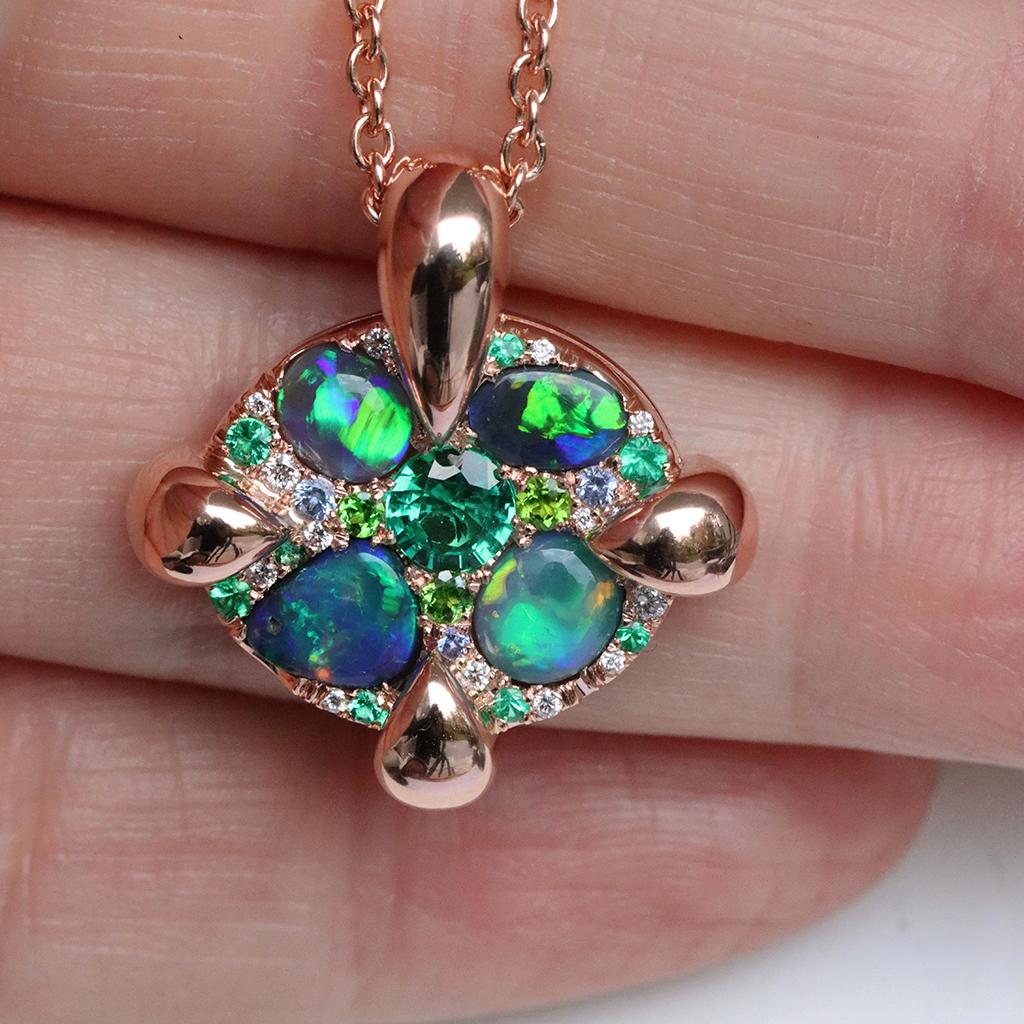 Rose Gold Black Opal Emerald Sapphire Demantoid Diamond Pave Pendant  For Sale 2