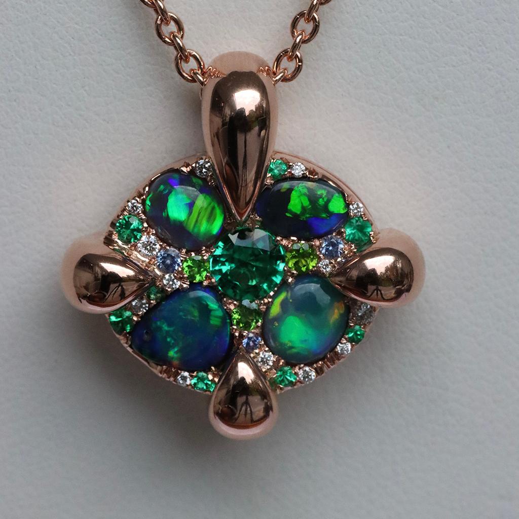 Rose Gold Black Opal Emerald Sapphire Demantoid Diamond Pave Pendant  For Sale 3
