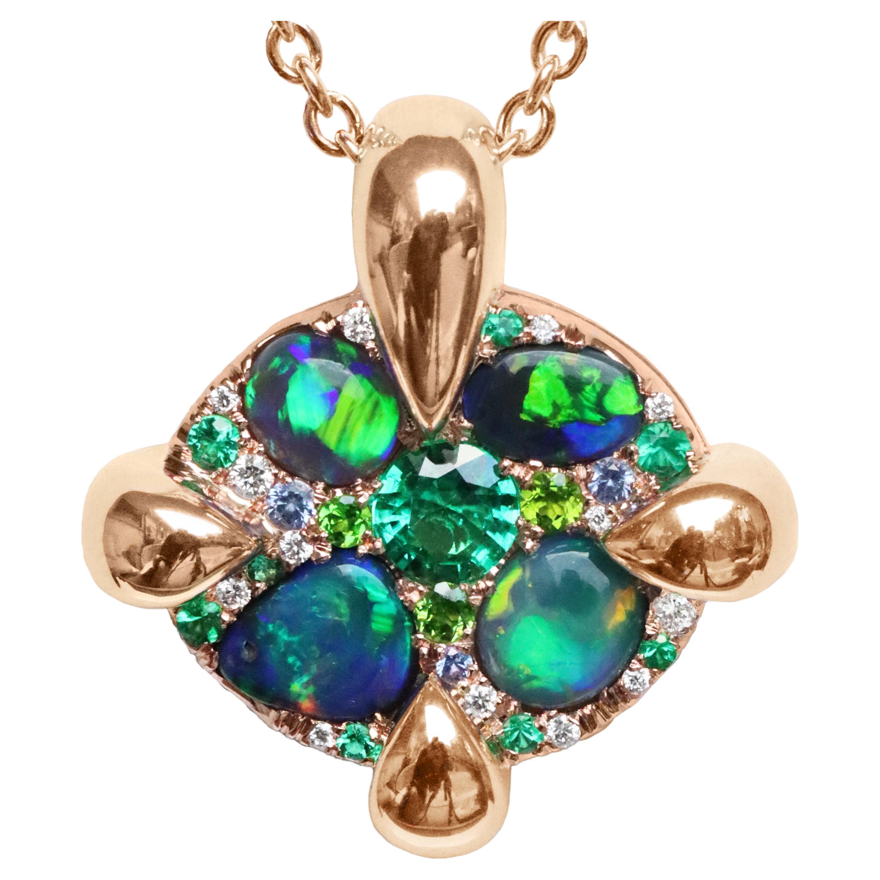 Rose Gold Black Opal Emerald Sapphire Demantoid Diamond Pave Pendant  For Sale