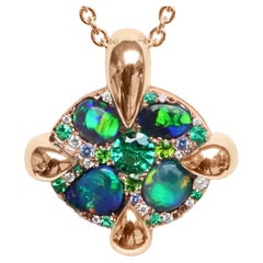 Rose Gold Black Opal Emerald Sapphire Demantoid Diamond Pave Pendant 