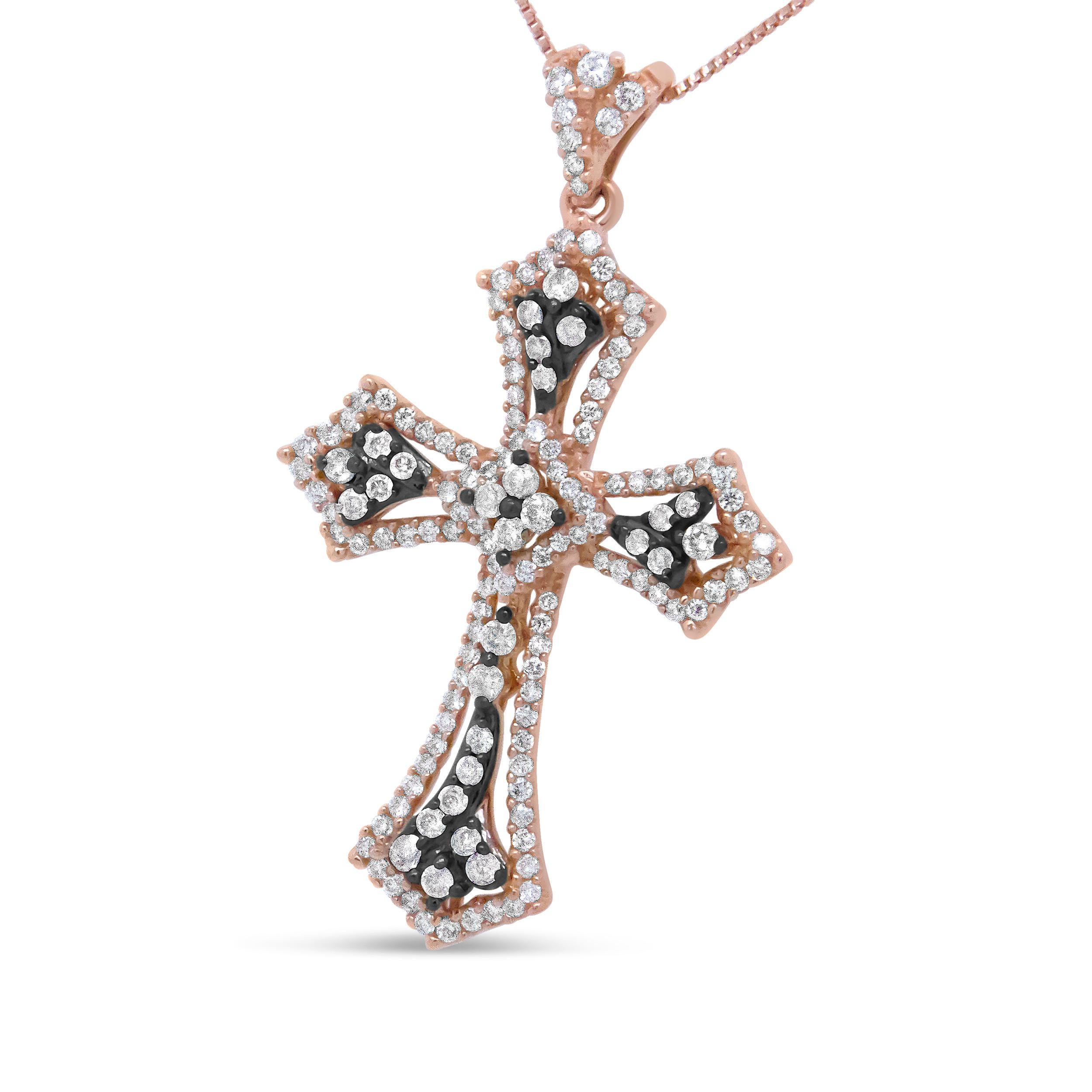 This diamond cluster cross pendant necklace is a crossover of tradition to modern with an edgy design twist that is an instant eye-catcher. The entire outline of this pendant glitters with round, prong-set diamonds, while the inner portion of the