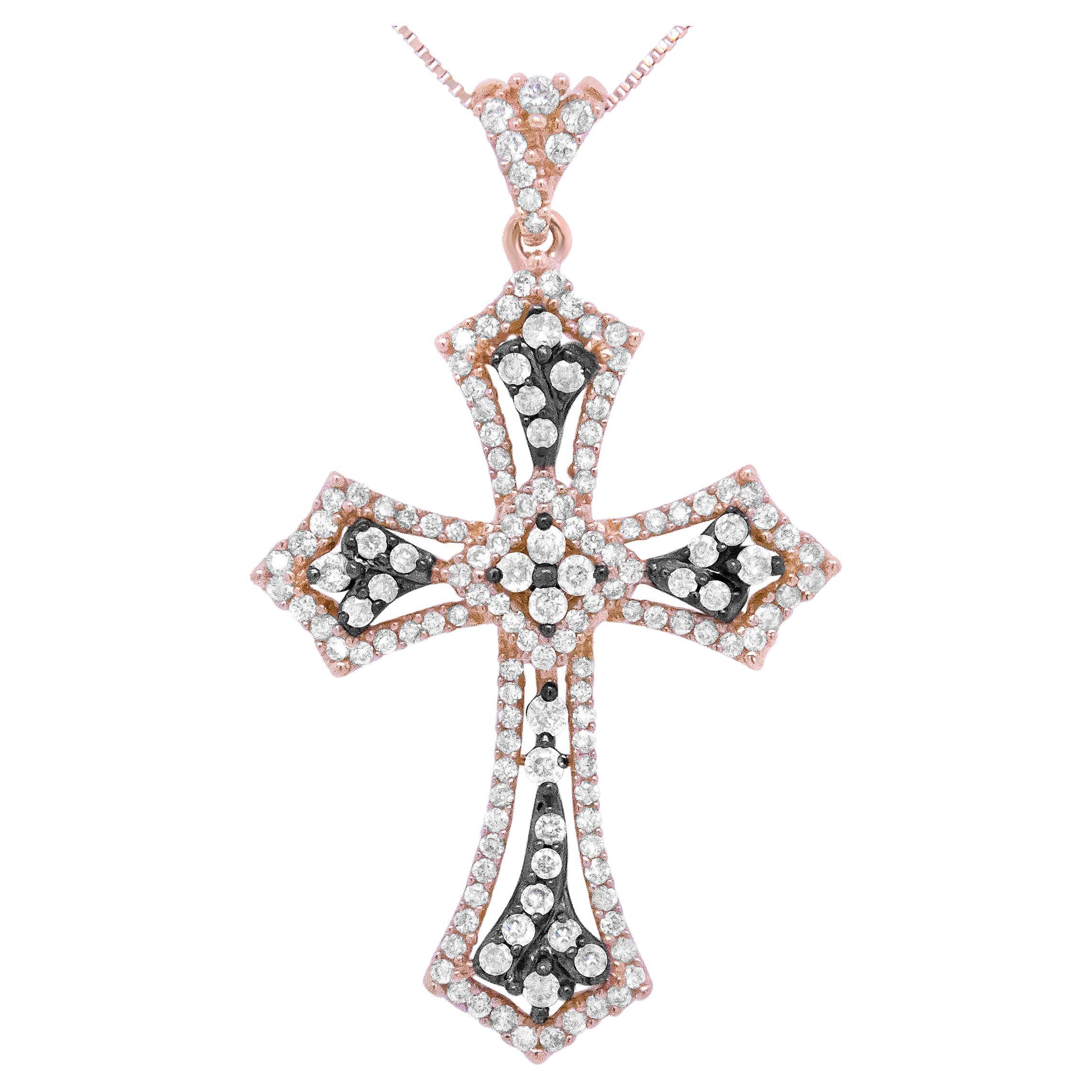 Rose Gold & Black Rhodium 1.0 Ct Diamond St. James Budded Cross Pendant Necklace For Sale