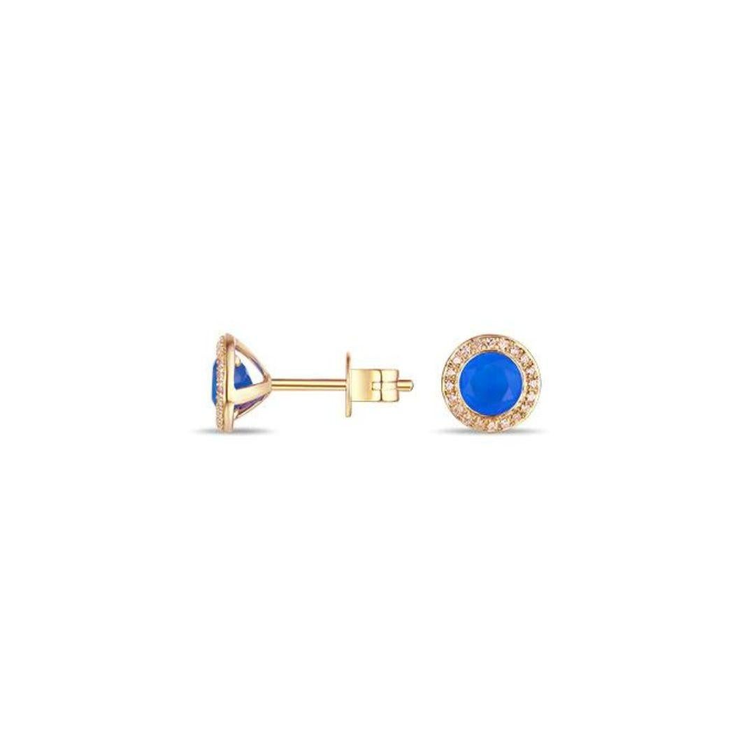 Classic diamonds and blue agate stud earrings in soft 14k rose gold. Elegant look with versatile use, these earrings make a great gift for any special occasion. Earrings contain forty round white diamonds, H-H color, SI clarity, 0.11 ctw and two
