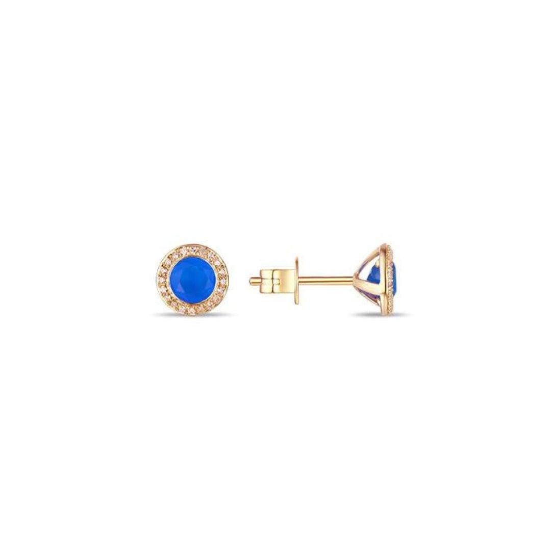Rose Cut Rose Gold Blue Agate and Diamonds Stud Earrings For Sale