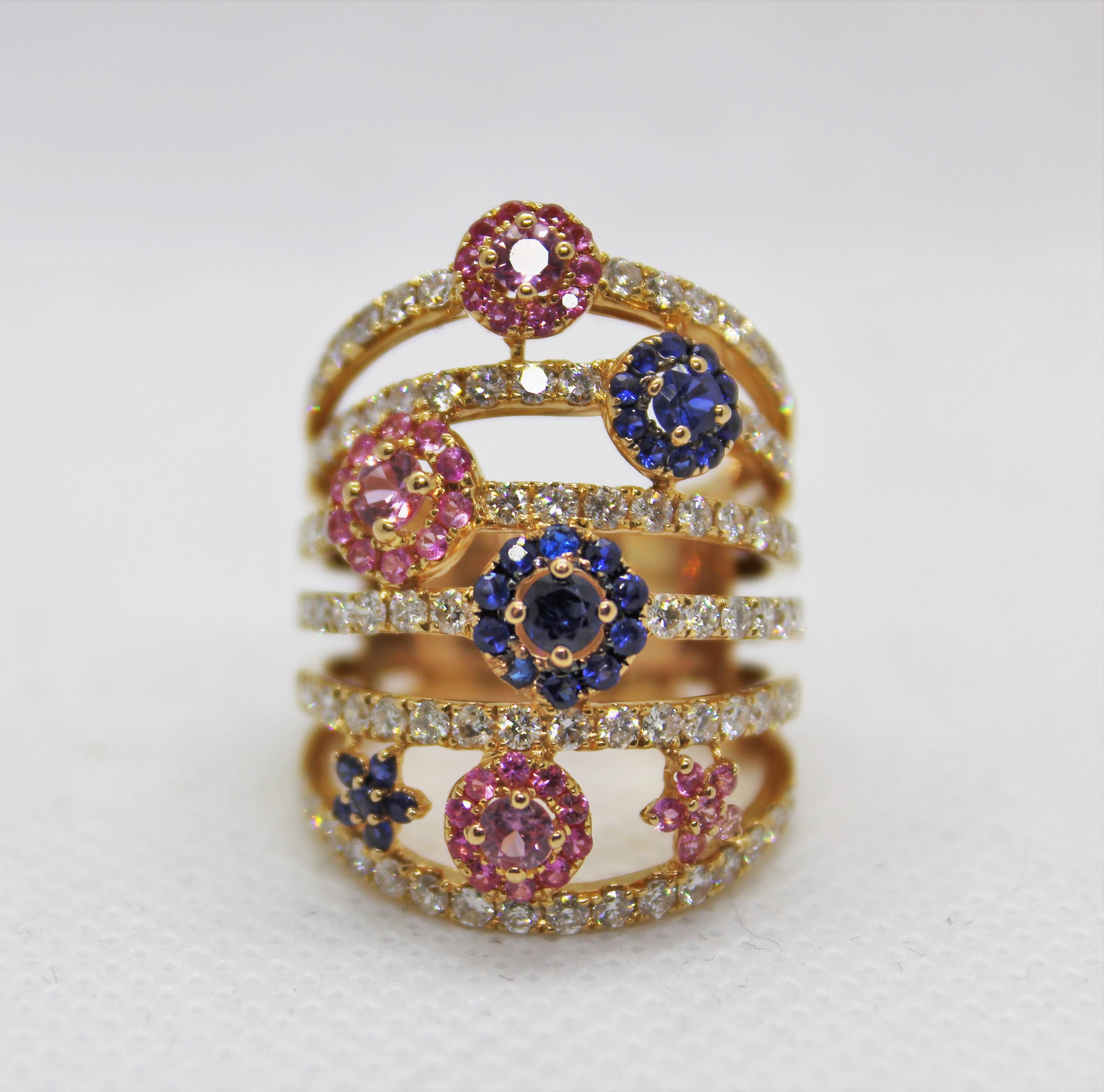 Beautiful rose 18k gold ring with blue and rose sapphires total 1 ct. Diamonds round brillant cut 1.60 ct . Internal 14k Gold removable measure adjustment.

Size : US 6 ( with adjustment ) US 7 (removing it)
           Internal Diameter mm 16.40
