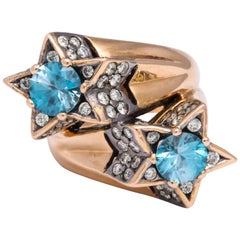 Rose Gold, Blue Zircon and Diamond Cocktail "Toi et Moi" Ring