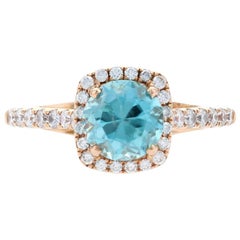 Rose Gold Blue Zircon and Diamond Halo Ring, 14 Karat Round Cut 2.96 Carat