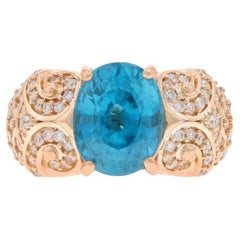 Bague en or rose diamant zircon bleu - 18k Oval 5.70ctw Flourishing Scroll