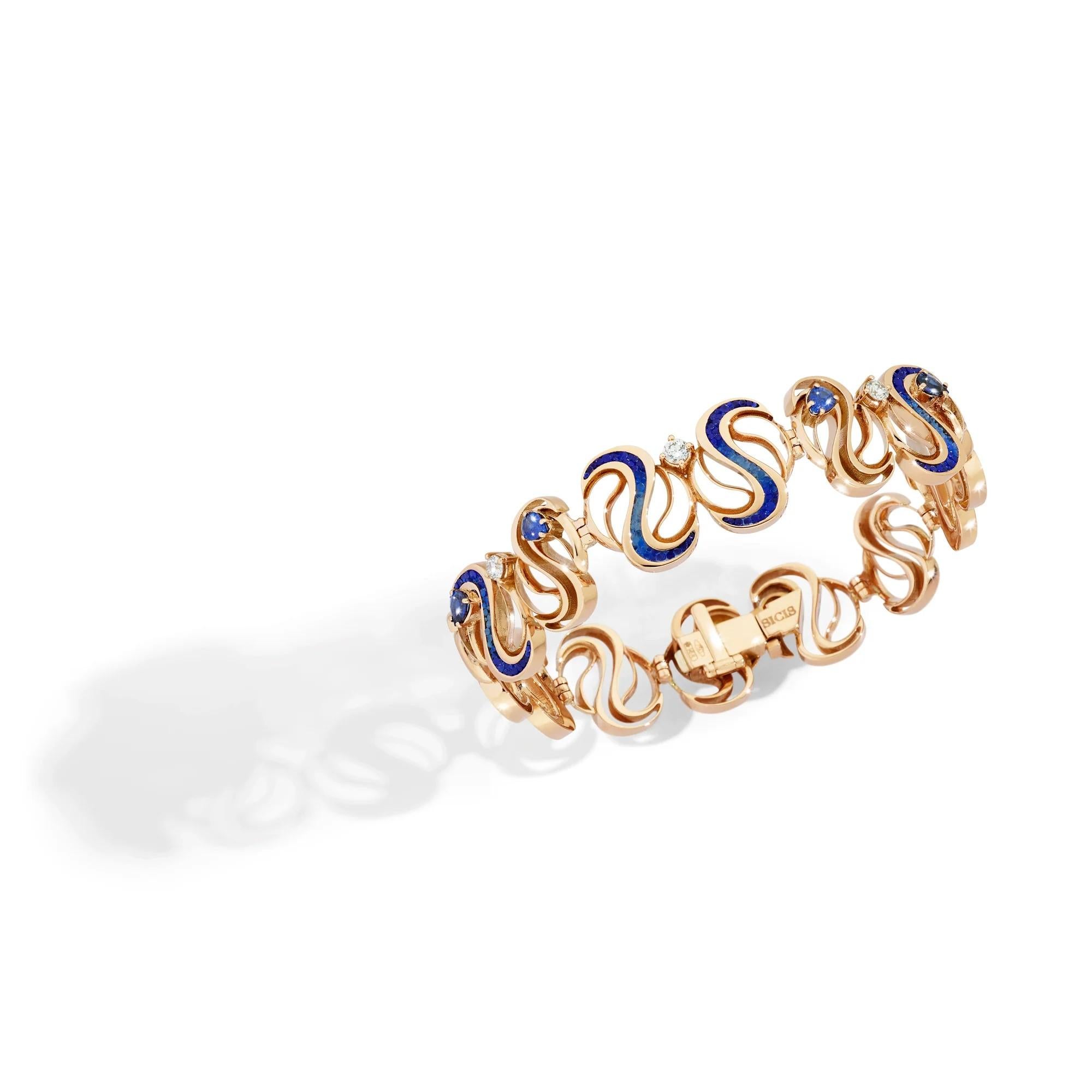 Moderno Bracciale in oro rosa con diamanti bianchi e zaffiri blu in vendita