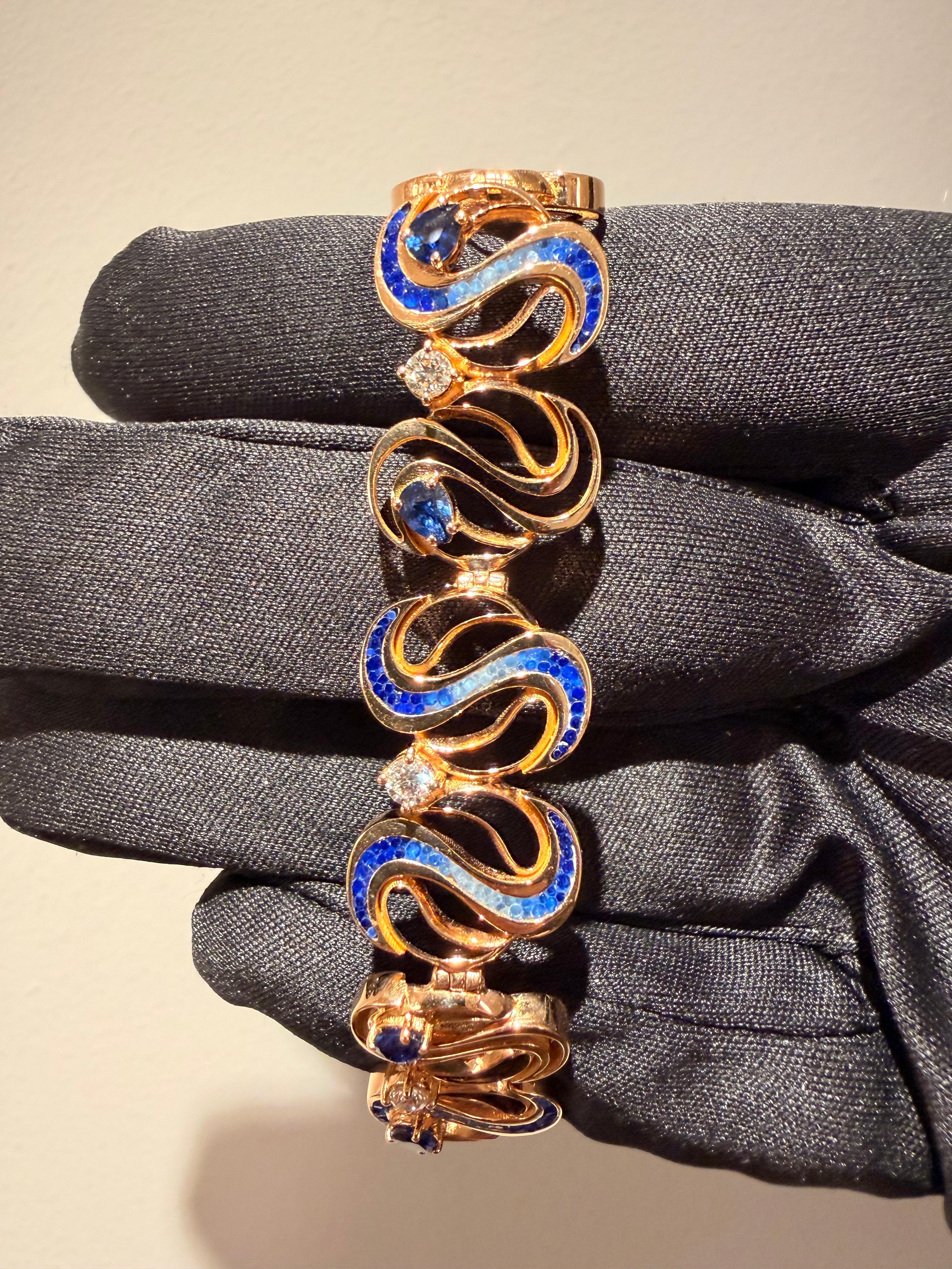 Pulsera de Oro Rosa con Diamantes Blancos y Zafiros Azules Moderno en venta