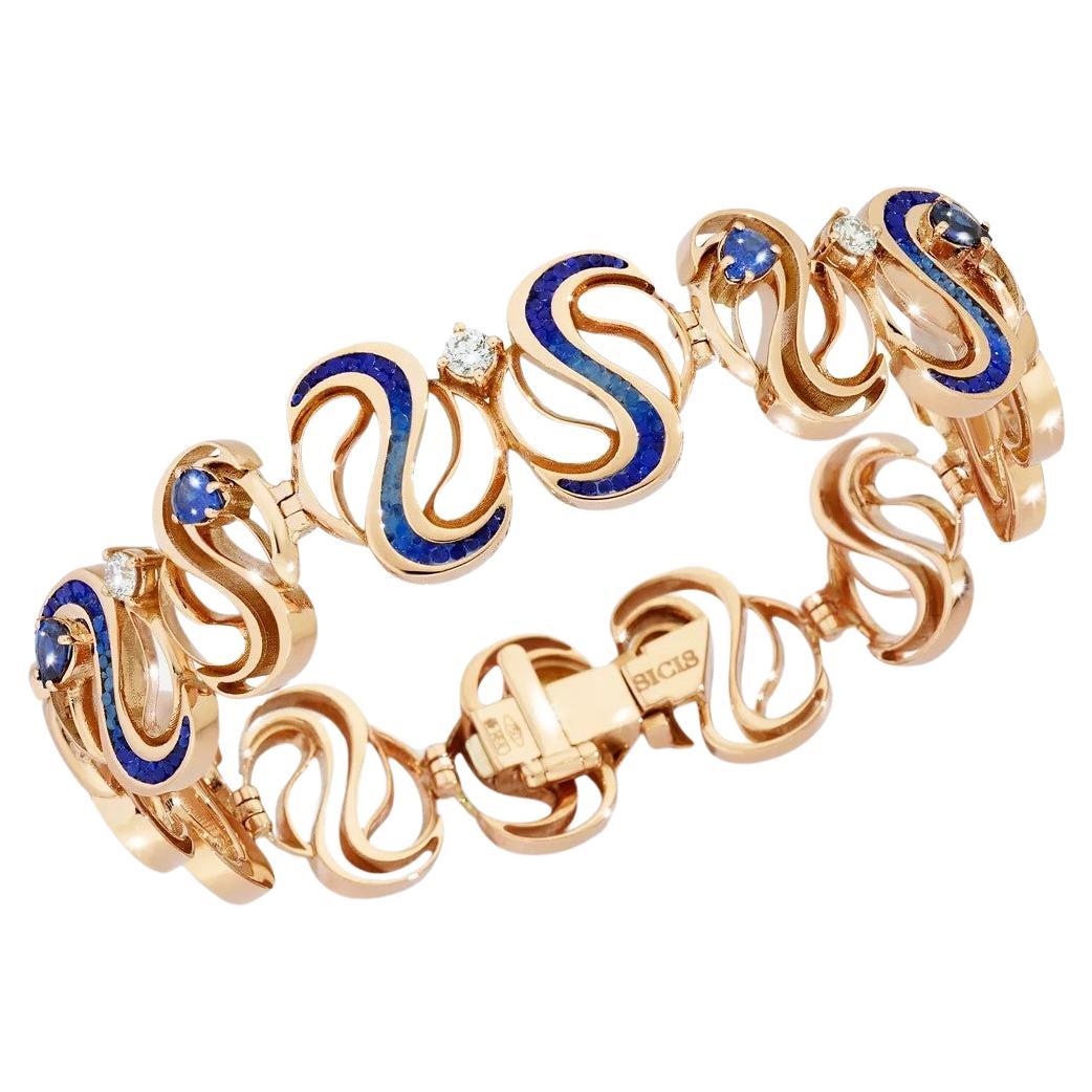 Rose Gold Bracelet in Rose Gold with White Diamonds and Blue Sapphires