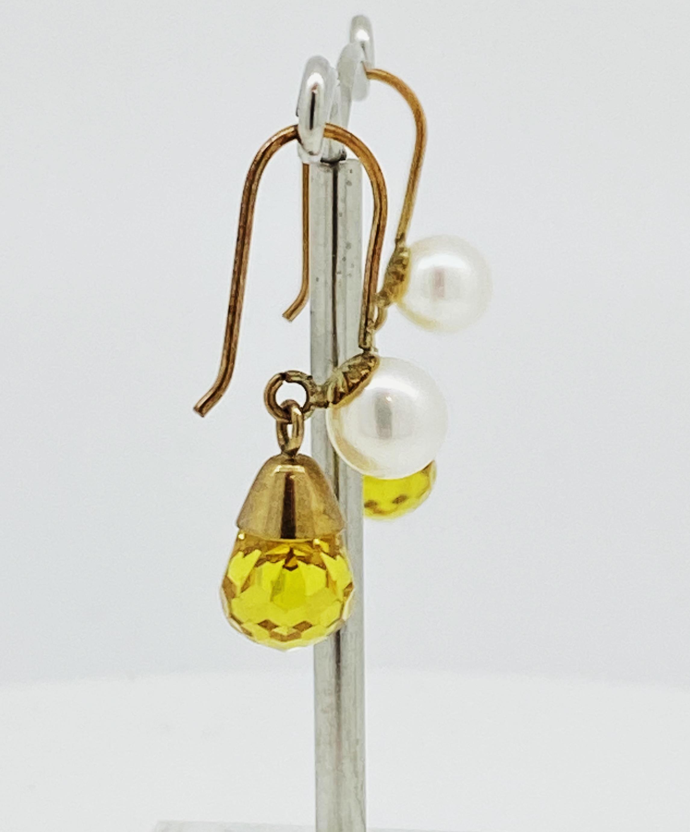 Boucles d'oreilles en or rose, pendentifs en citrine naturelle taillée en briolette et perles. Excellent état - En vente à MELBOURNE, AU