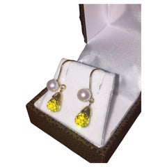 Rose Gold, Briolette Cut Natural Citrine & Pearl Pendant Earrings.