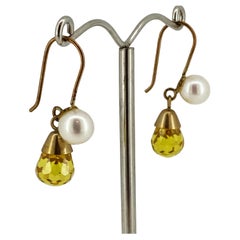 Rose Gold, Briolette Cut Natural Citrine & Pearl Pendant Earrings.