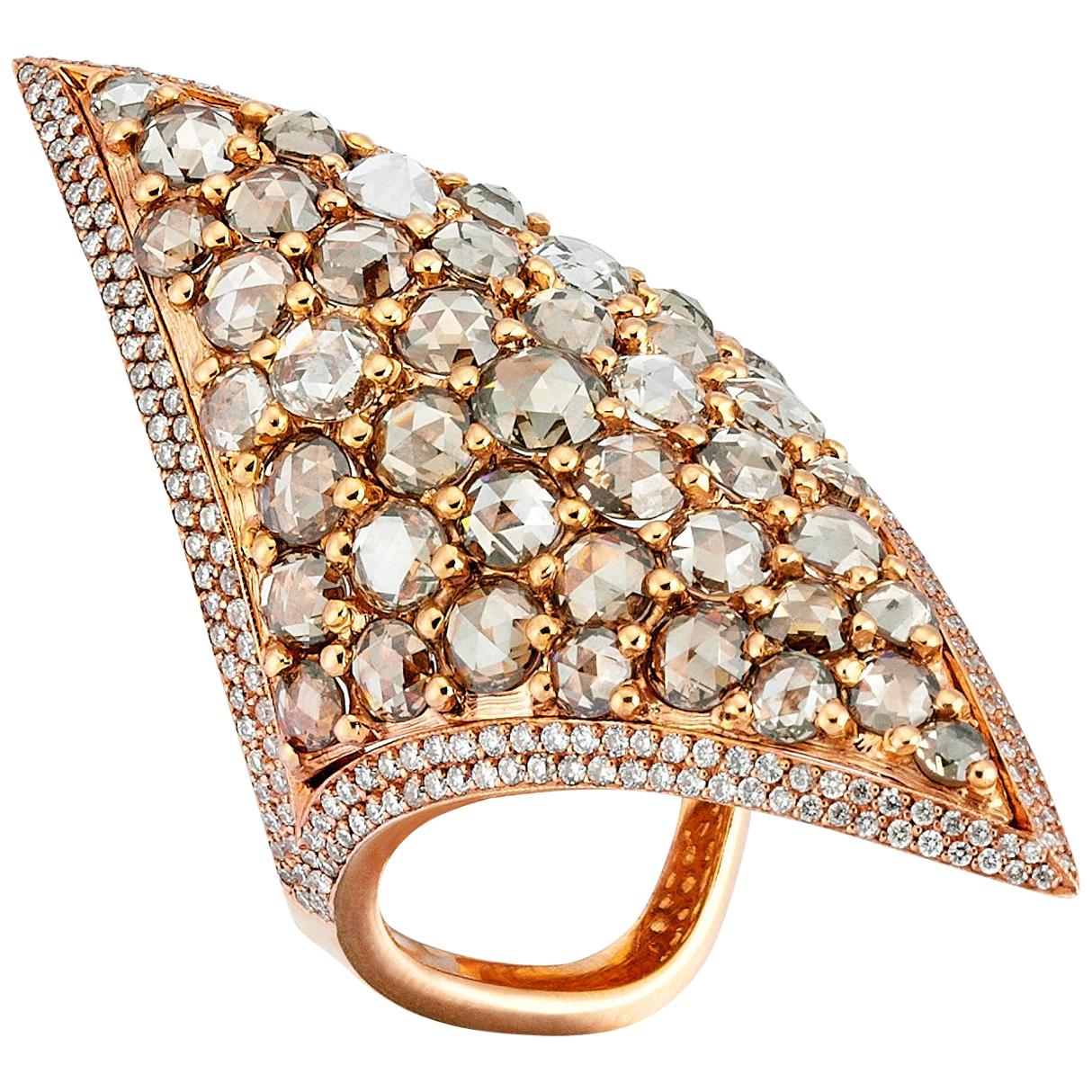 Rose Gold Brown Diamond and Brown Rose Cut Diamond Cocktail Ring For Sale