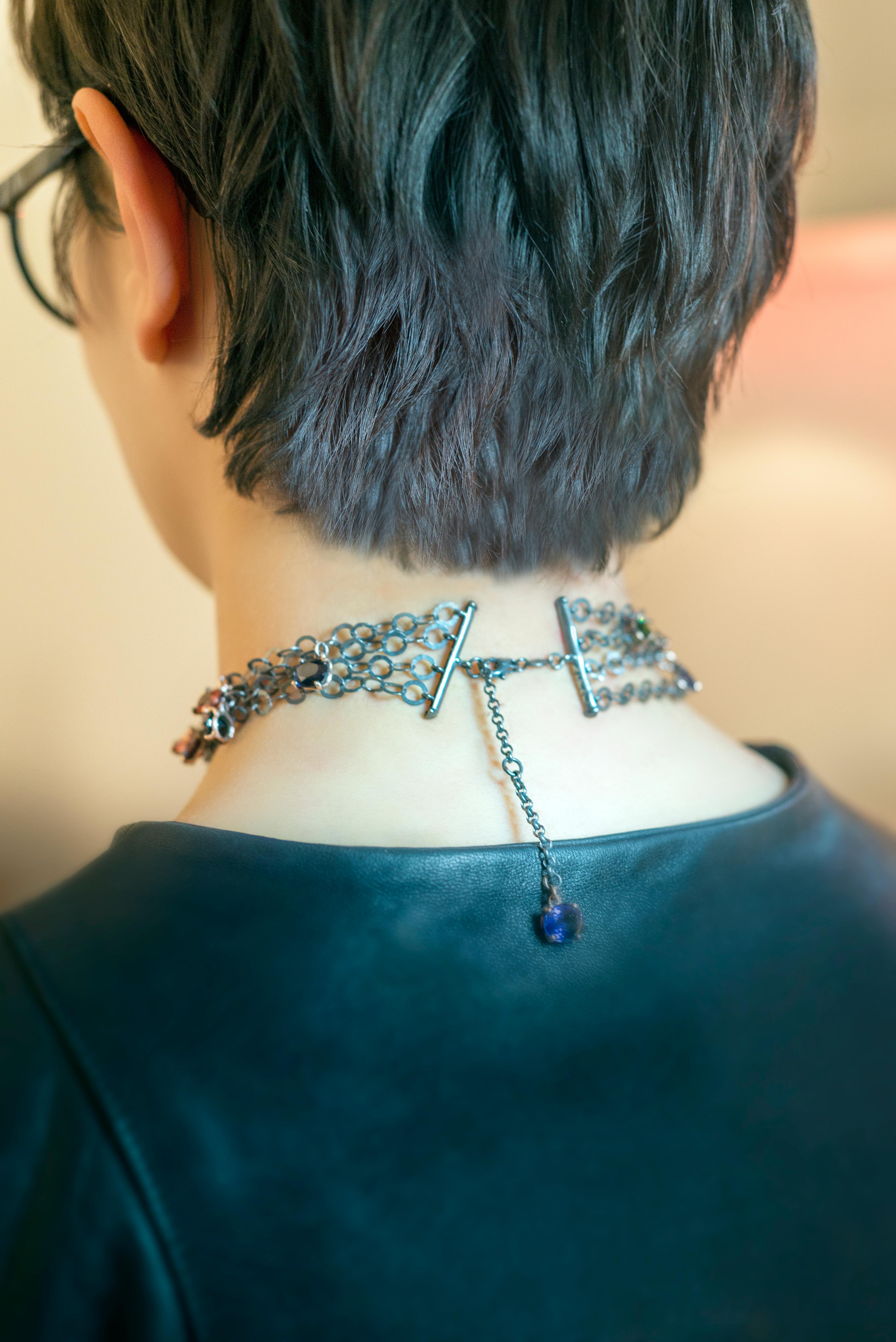 mehrreihige Halsketten Roségold Silber Glieder farbenfrohe Chocker Halskette (Ovalschliff) im Angebot