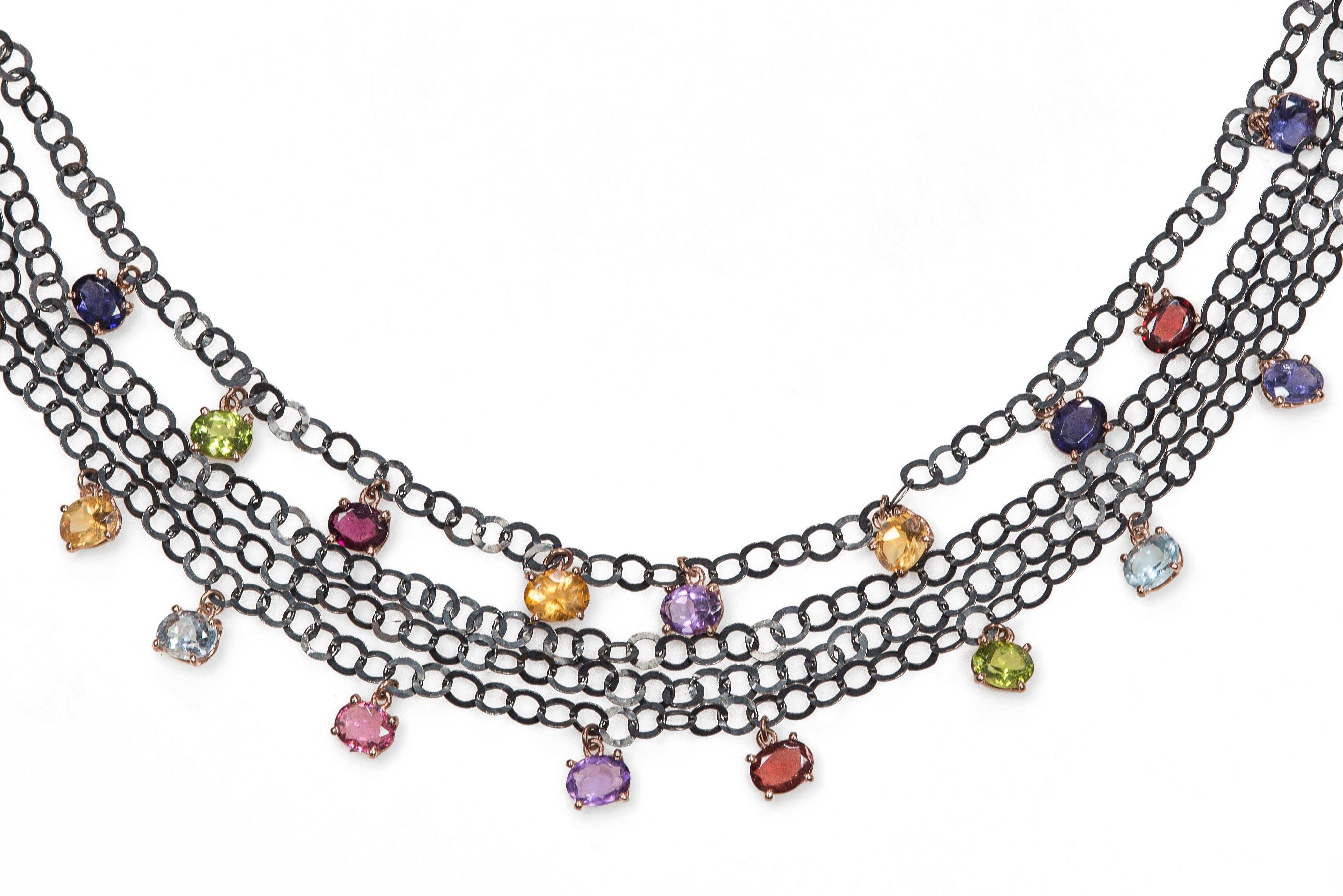 mehrreihige Halsketten Roségold Silber Glieder farbenfrohe Chocker Halskette im Angebot 2