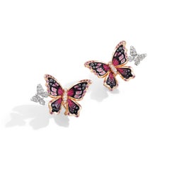 Rose Gold Butterfly Earings with White Diamonds, Pink Sapphires and Micromosaic